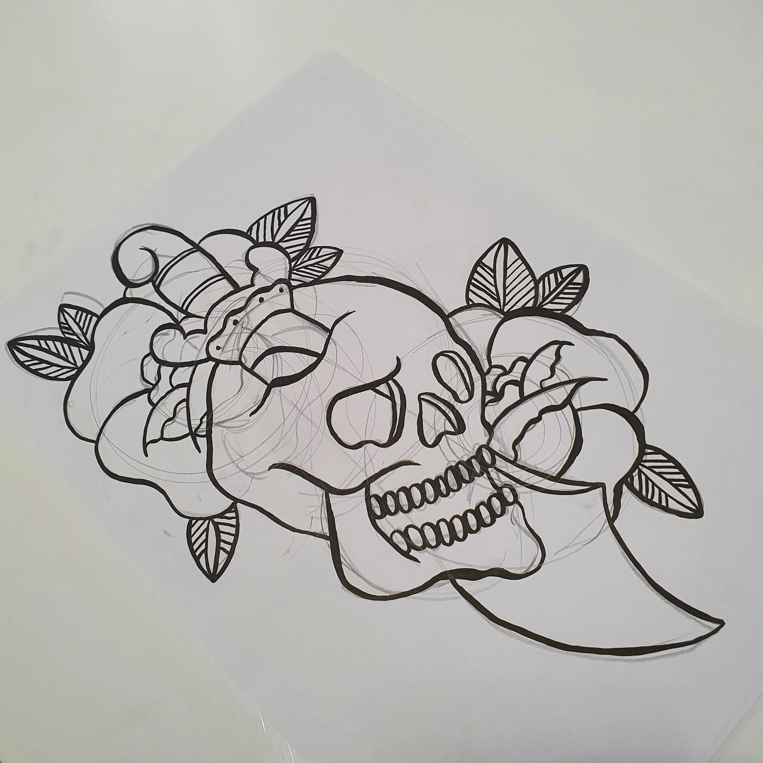American traditional skull, roses and dagger - Ink on paper - 2020