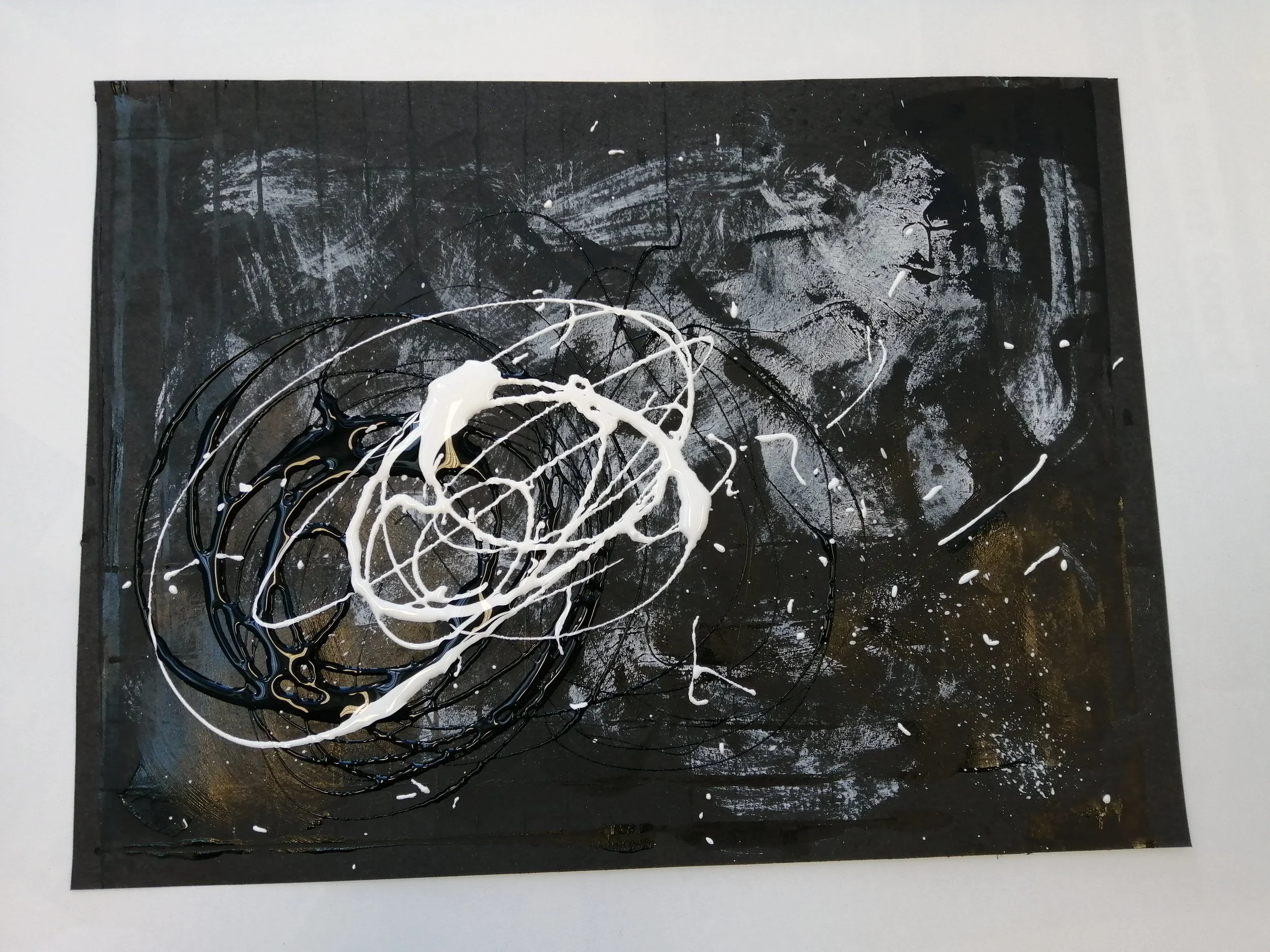 Experiment 2 - A4 - Acrylic paint on printer paper - 2019. Made alongside various pieces in a 30 minute exercise layering automatic gestural responses, for later examination of texture and composition to inform more selective work. 