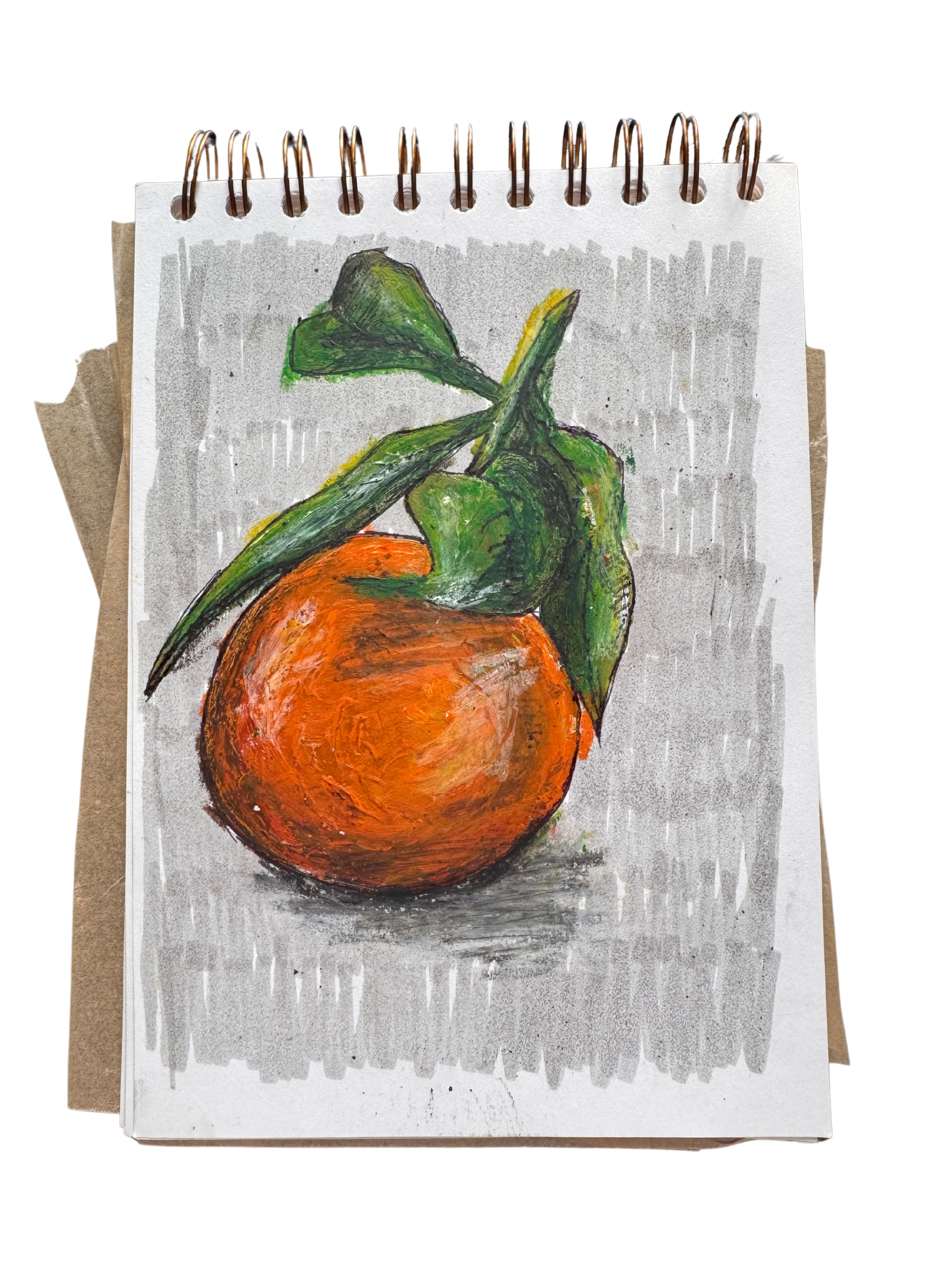 Orange in acrylic paint, oil pastel and pen.