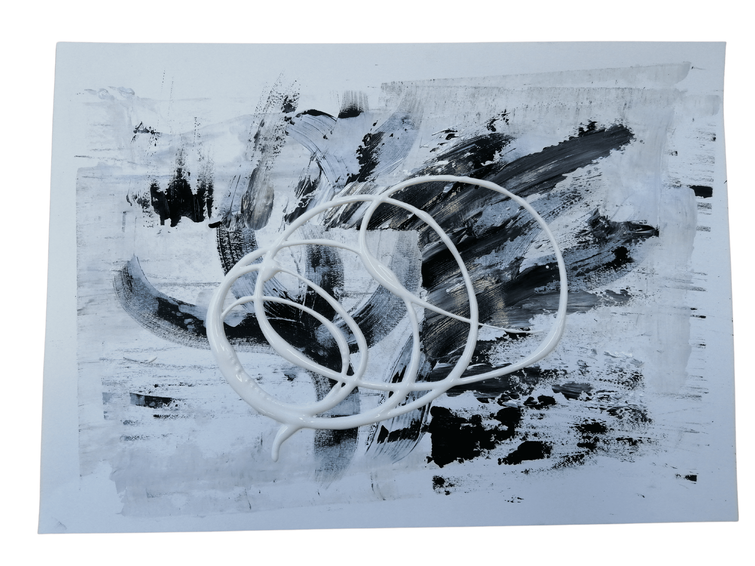 Experiment 1 - A4 - Acrylic paint on printer paper - 2019. Made alongside various pieces in a 30 minute exercise layering automatic gestural responses, for later examination of texture and composition to inform more selective work. 