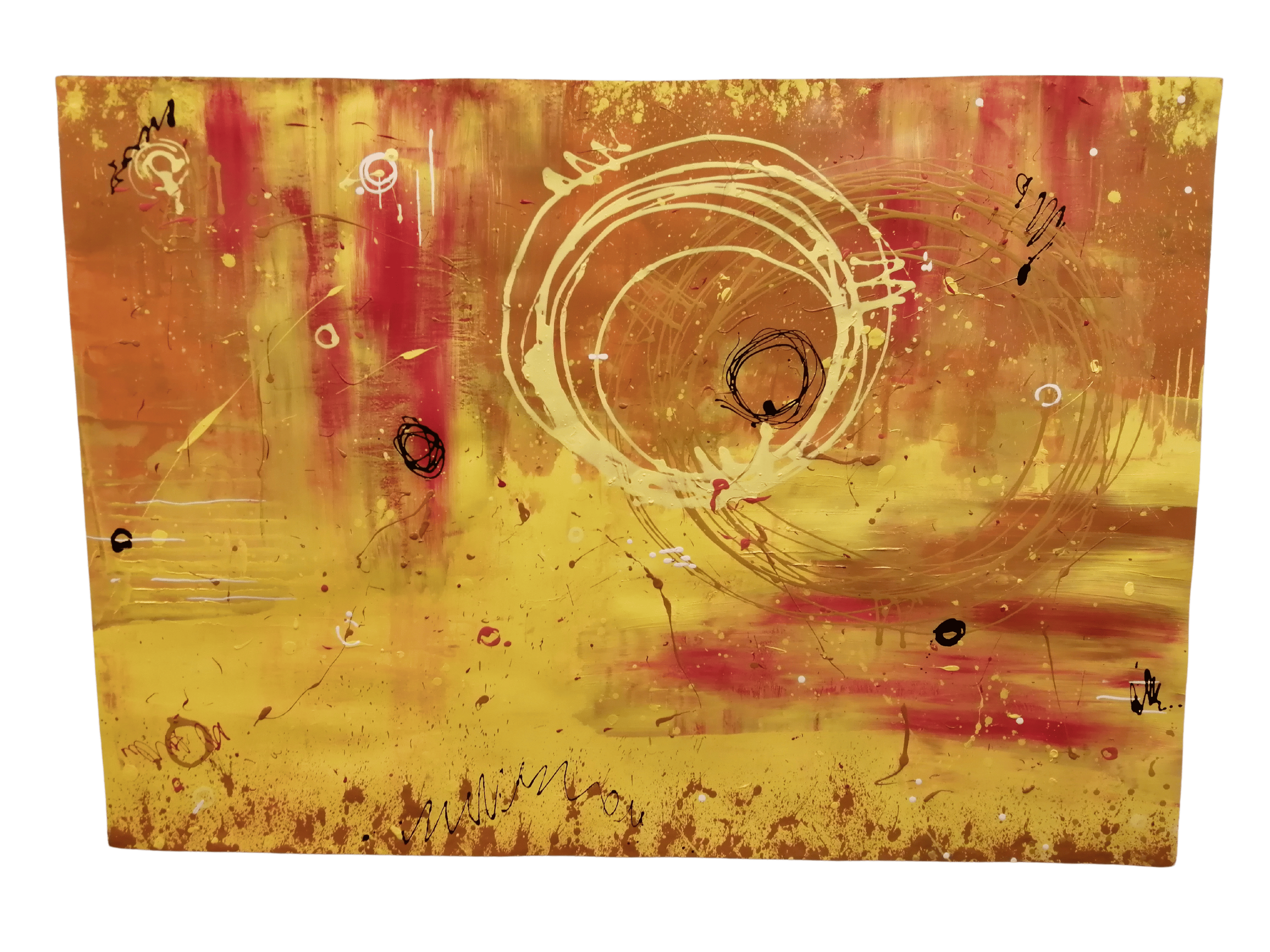 Large scale experimentation piece using acrylic paint - 2019. Applied in various manners to observe interactions. Limited colour palette to extract information on warm tones. Later expanded to explore the addition of white and black and their impacts