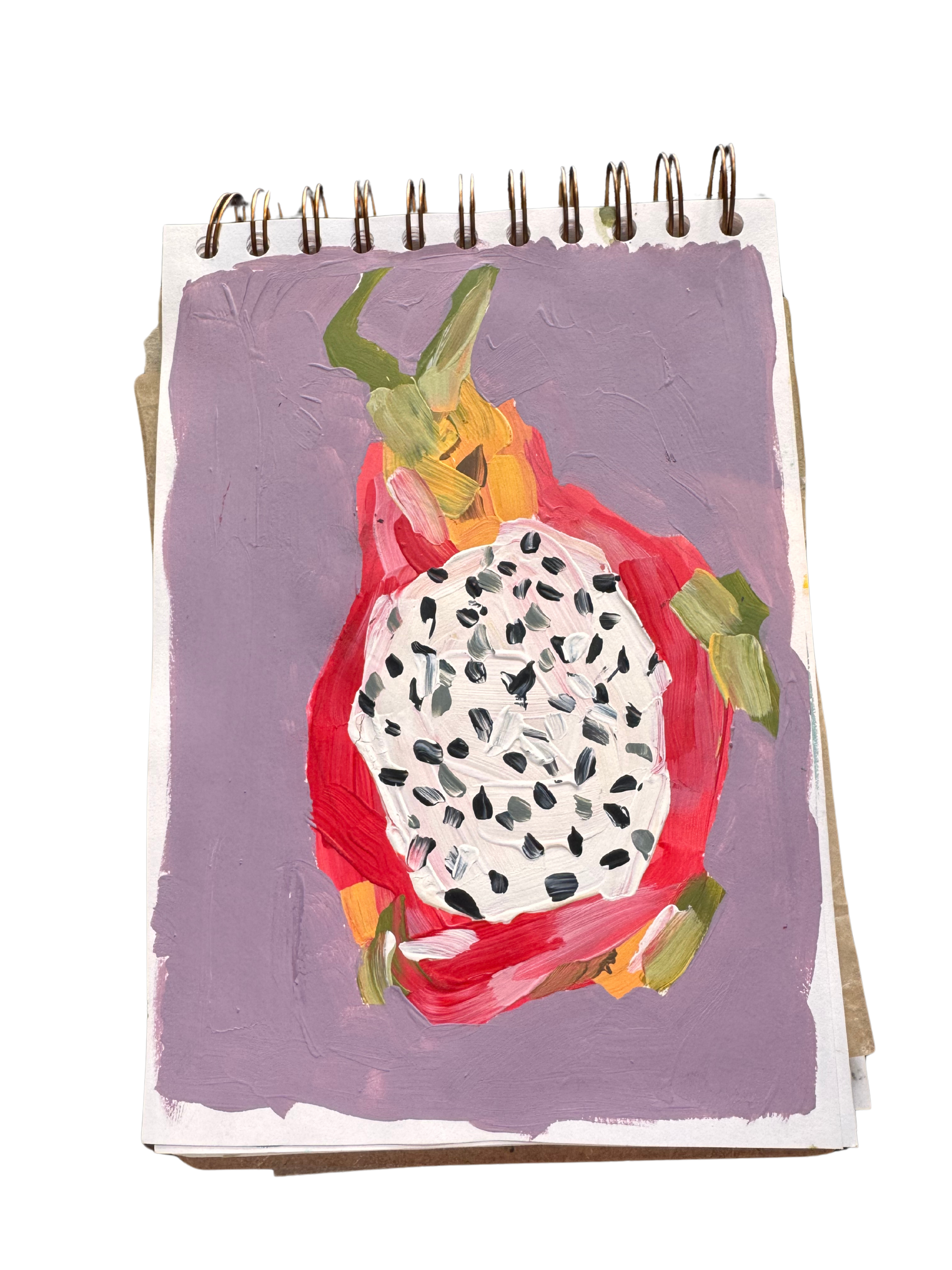 Halved dragon fruit in acrylic paint.