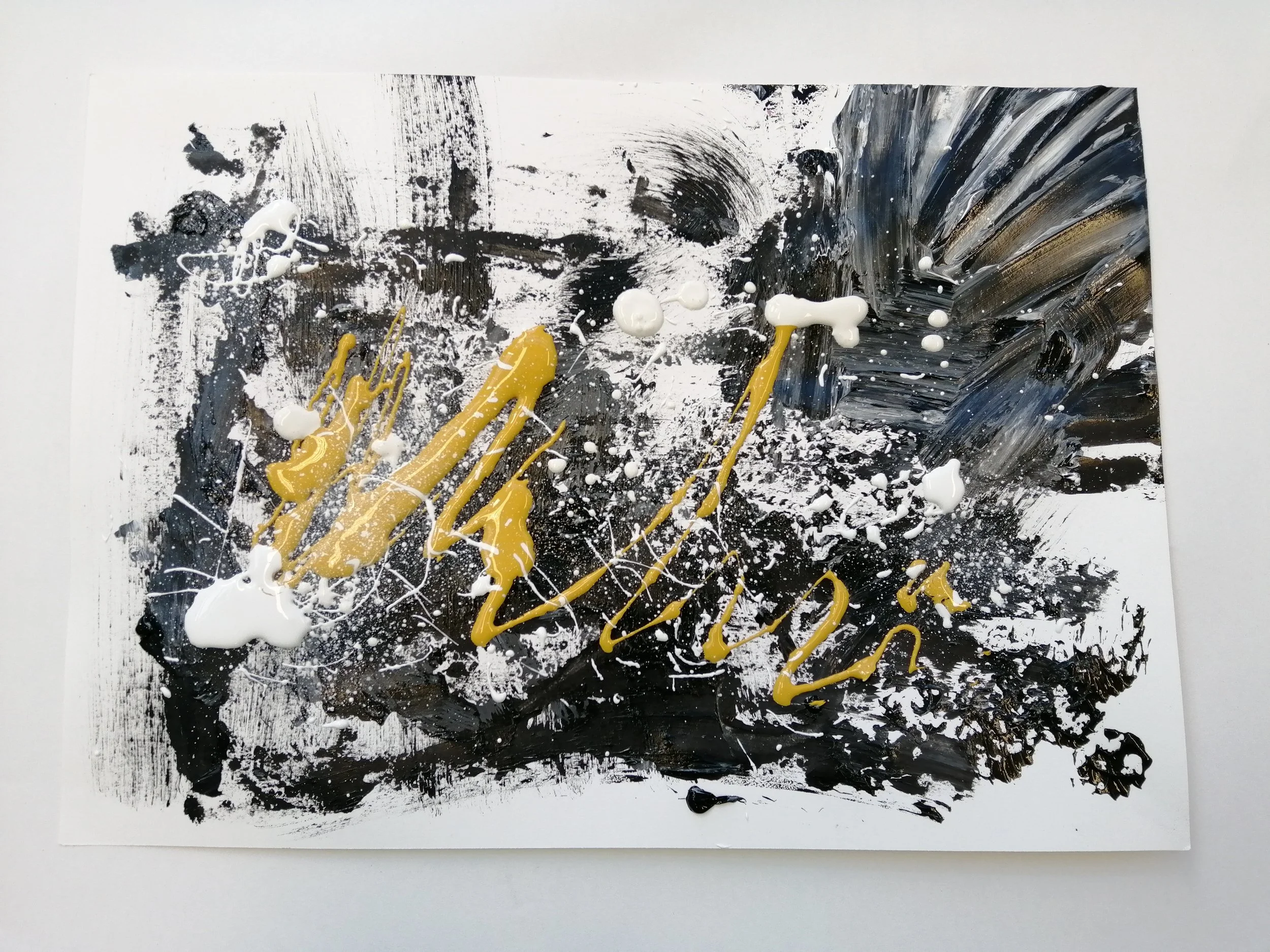 Experiment 4 - A4 - Acrylic paint on printer paper - 2019. Made alongside various pieces in a 30 minute exercise layering automatic gestural responses, for later examination of texture and composition to inform more selective work. 