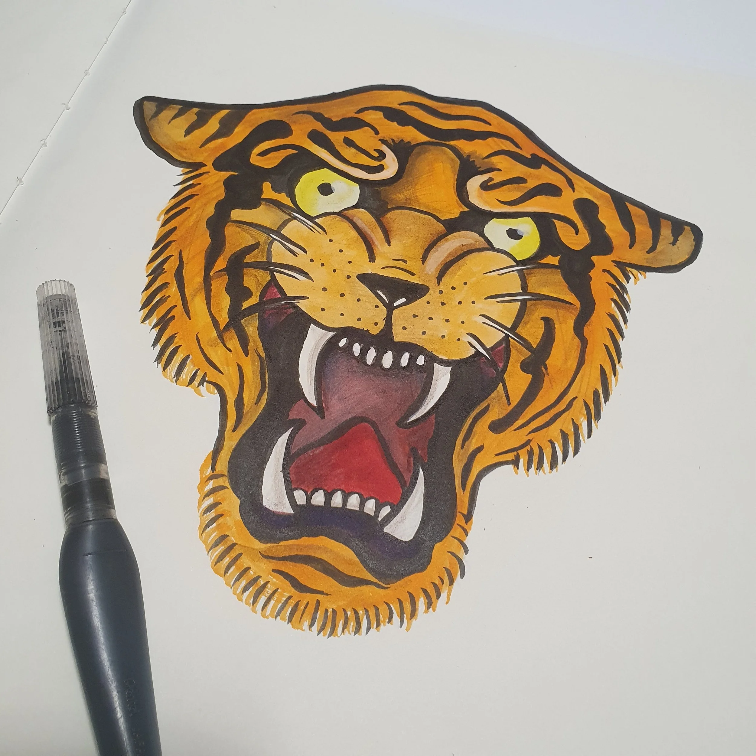 Coloured american traditional tiger - Ink on paper - 2020