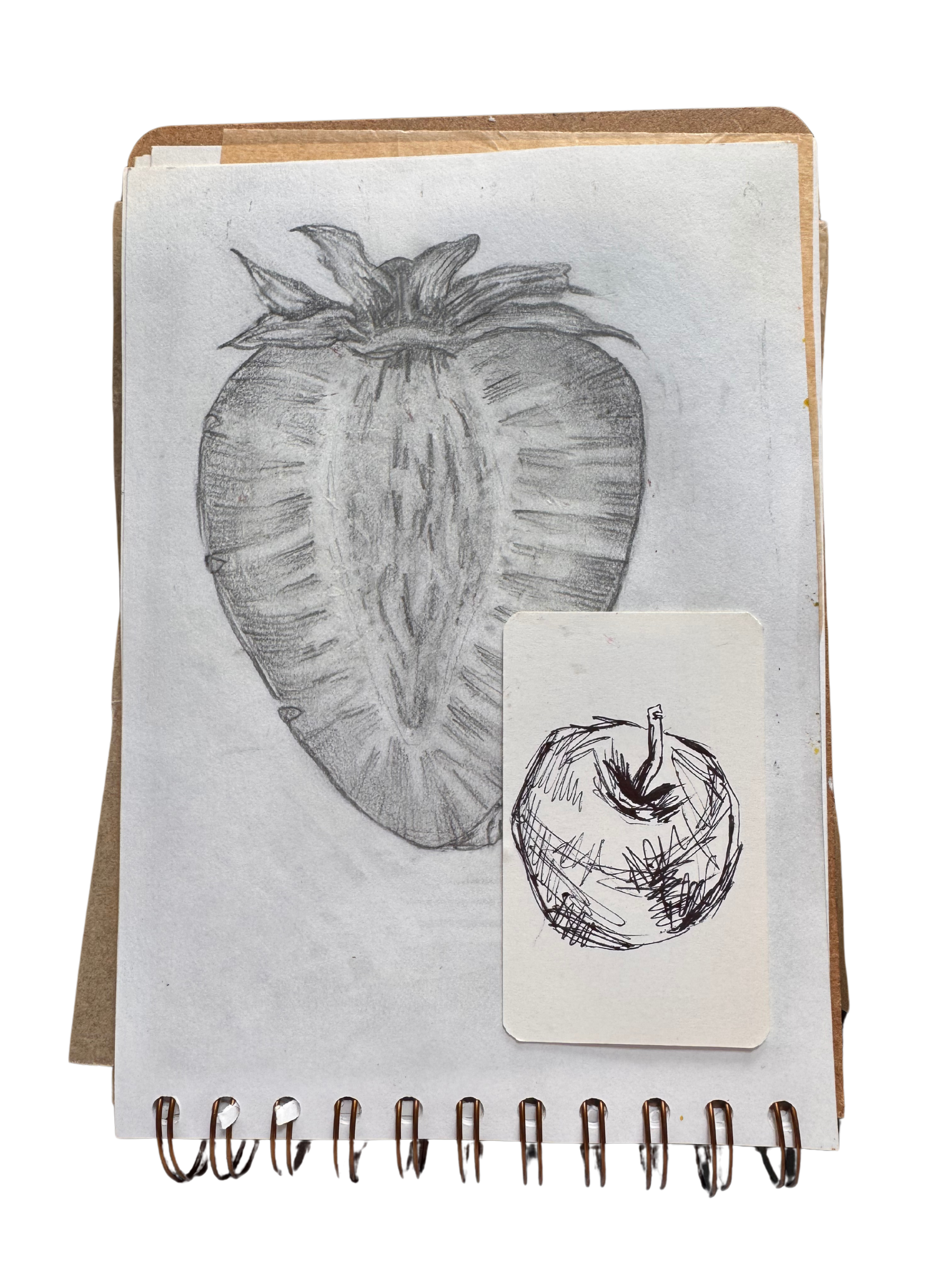 Strawberry half in pencil, apple in pen.