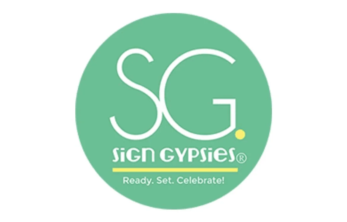 Green circular logo with white text reading 'SG' and 'Sign Gypsies', yellow dot, and tagline 'Ready. Set. Celebrate!'