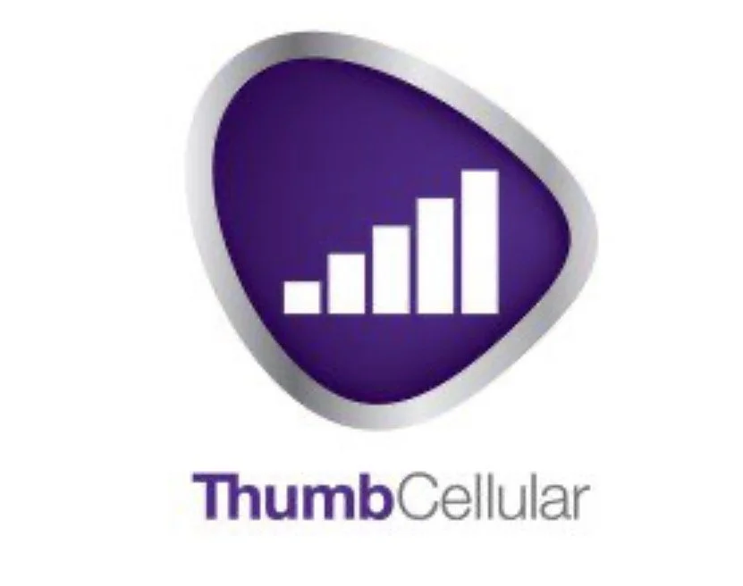 Logo with upward trending bar graph inside a triangular shape, with the text 'Thumb Cellular' below.