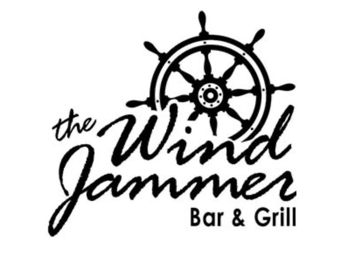 Logo for The Wild Jamer Bar & Grill featuring a ship's steering wheel and stylized text.
