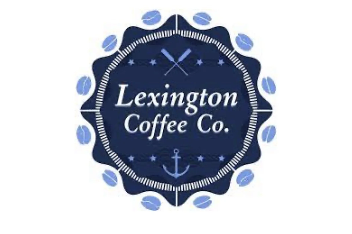 Logo for Lexington Coffee Co., featuring a nautical theme with an anchor, crossed knives, and coffee beans, in shades of blue and white.