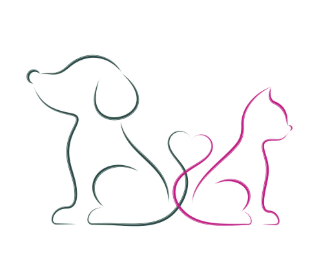 Line drawing of a dog and cat sitting back-to-back with a heart shape between them.