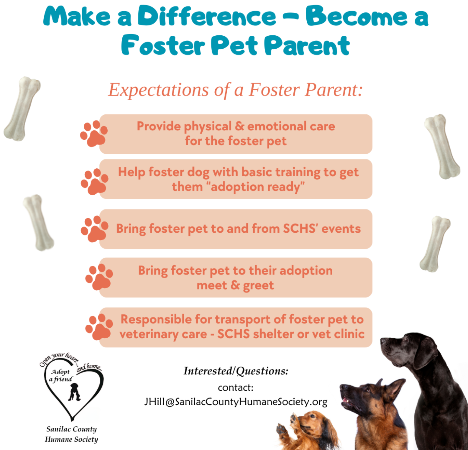 Flyer with orange paw print icons, bones, and images of dogs. It promotes becoming a foster pet parent with tips and contact information for Sanilac County Humane Society.