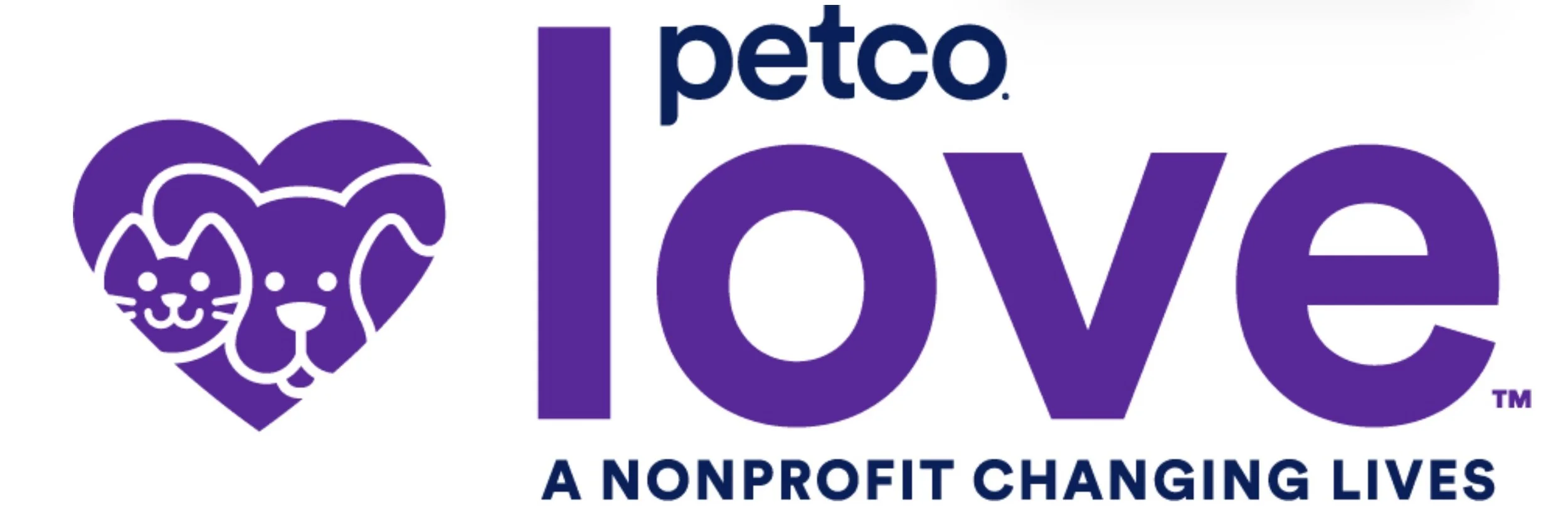 Petco Love logo featuring a purple heart with a cat and dog face inside, and the text "petco love" in purple and blue, with the slogan "A nonprofit changing lives" below.