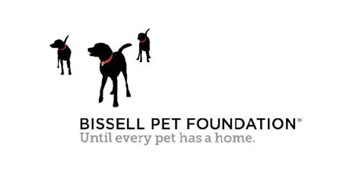 Silhouettes of three black dogs with red collars on a white background, with the text 'Bissell Pet Foundation. Until every pet has a home.'