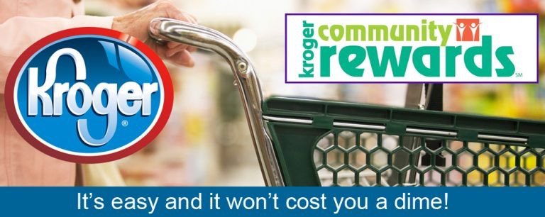 Kroger and Kroger Community Rewards logos with a shopping cart handle in the background and the text 'It's easy and it won't cost you a dime!'