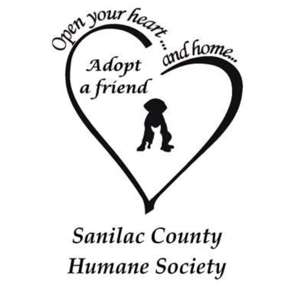 Logo with a heart outline and a dog silhouette inside. Text reads 'Open your heart... adopt a friend... and home...' and below it says 'Sanilac County Humane Society.'
