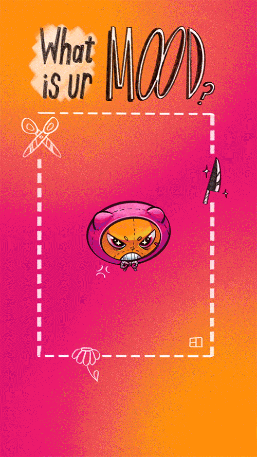 Colorful motion .gif with the phrase 'What is ur mood?' and flashing cartoon faces in the center, surrounded by drawings of scissors, a dagger, and a flower on a pink, orange, and yellow background.