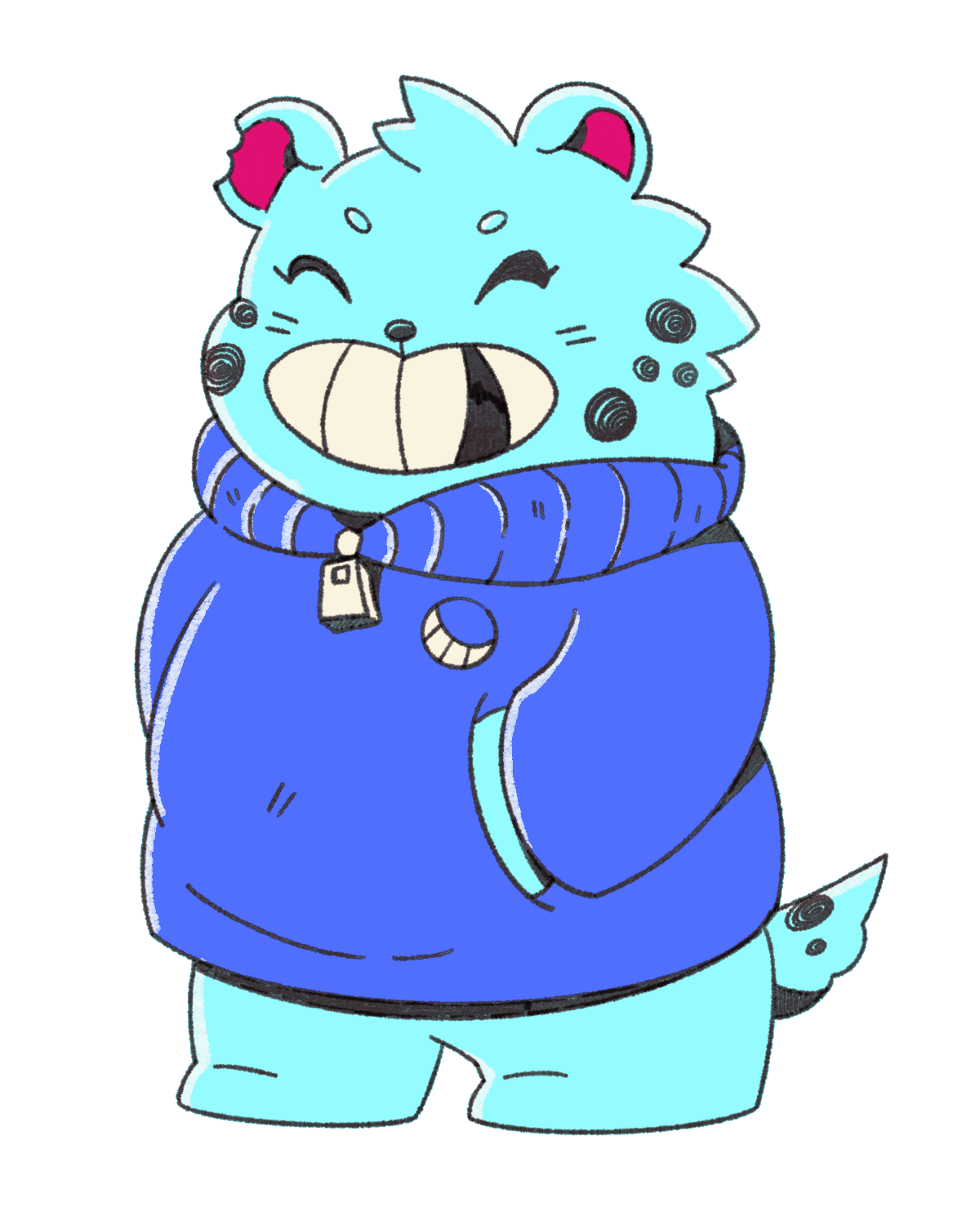 A cartoon hyena character with light blue fur, wearing a blue hoodie with a pocket and a zipper, smiling with eyes closed.