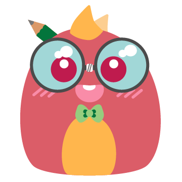 A cute, pink, cartoon creature with large glasses, a small horn, and a green bow tie.