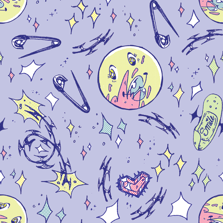 A colorful, cartoon-style illustration with smiling faces with blood splatter, safety pins, stars, sparkles, a band-aid sticker, a heart, and abstract shapes on a light blue-purple background.