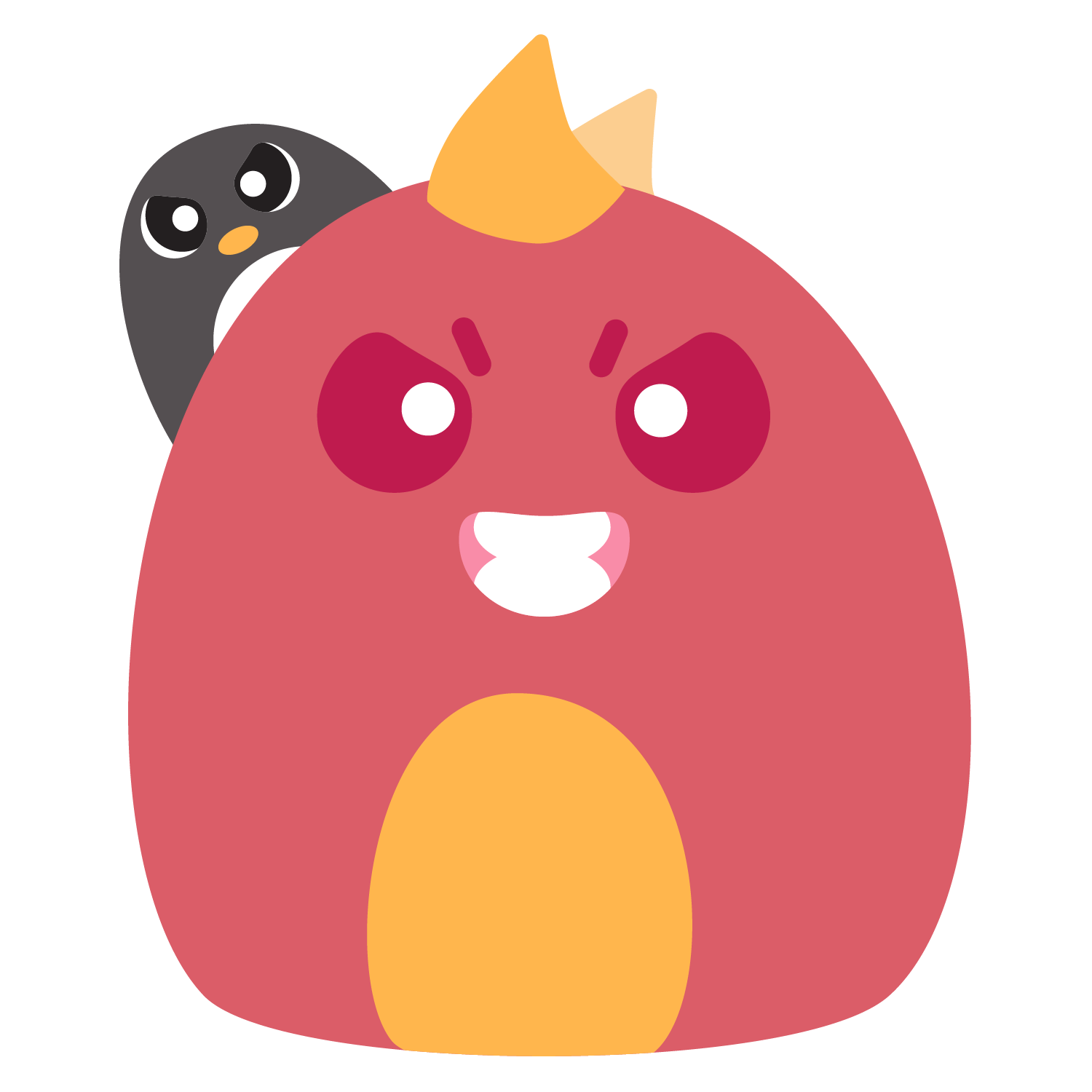 Cute cartoon character resembling a pink and yellow dinosaur with angry expression and a small black and white penguin peeking from behind