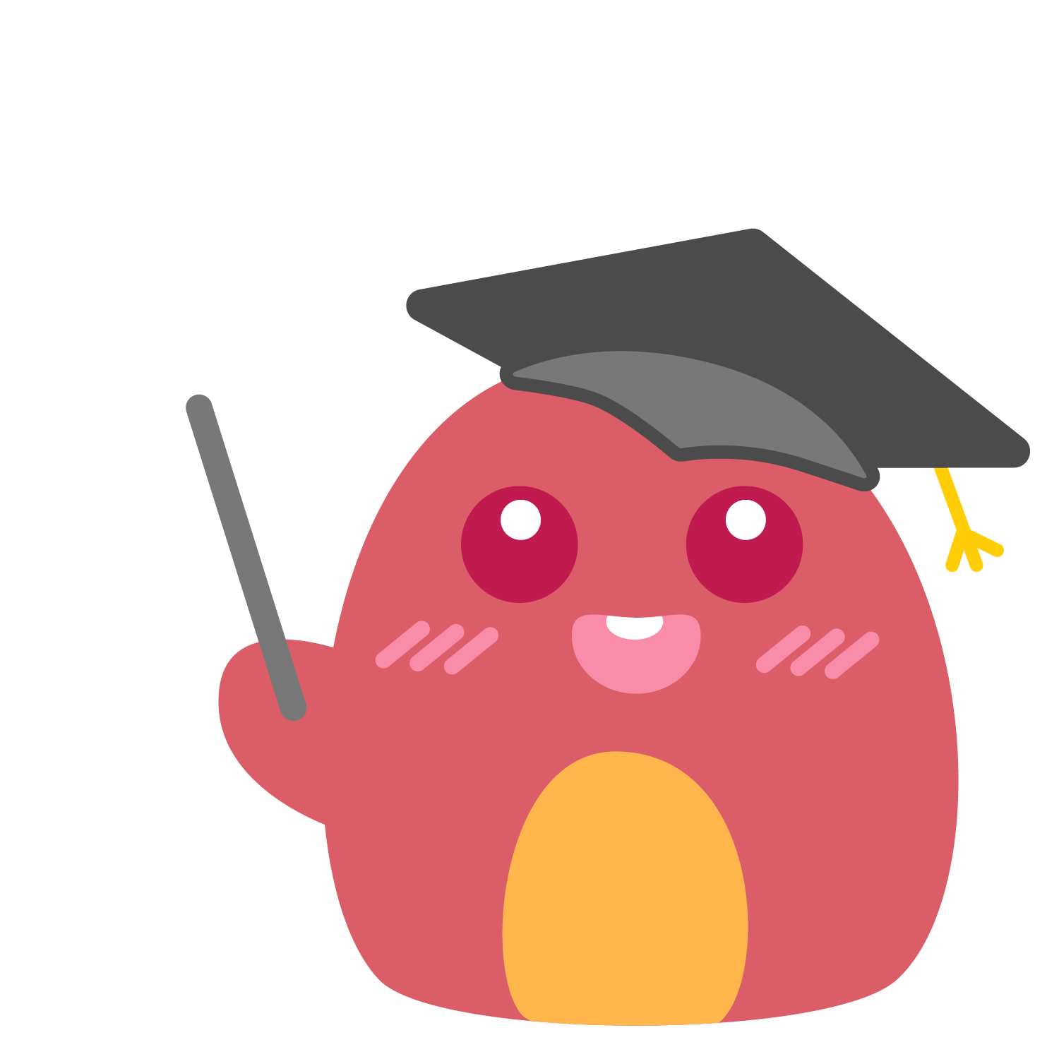 Cute cartoon character resembling a blob with red eyes and blush marks, wearing a graduation cap and holding a pointer.