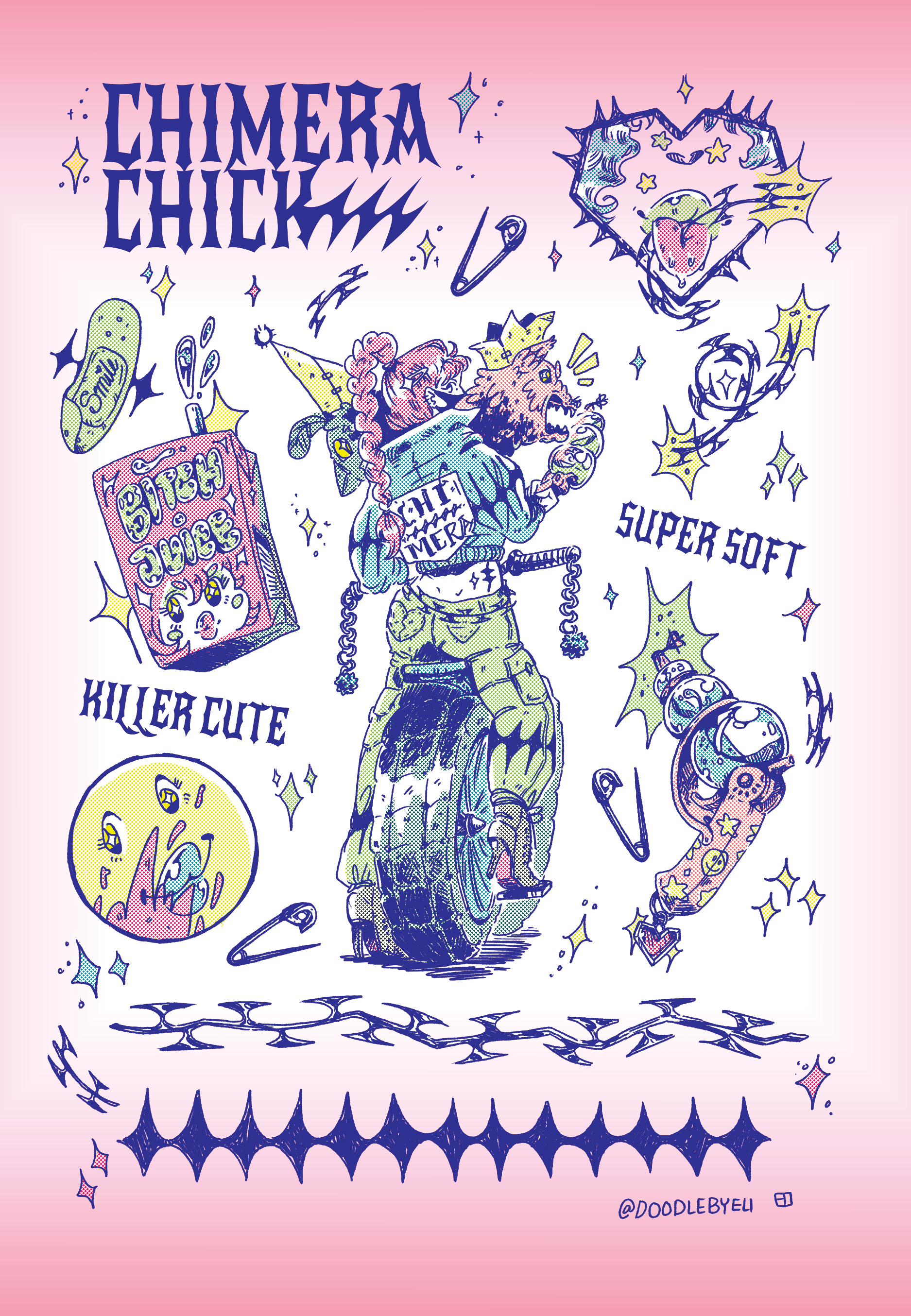 A colorful sticker sheet with various playful elements and a girl on a punk-styled bicycle with a squirt gun and two animal heads coming out of her shoulders. Surrounded by phrases like "Chimera Chick," "Super Soft," and "Killer Cute"