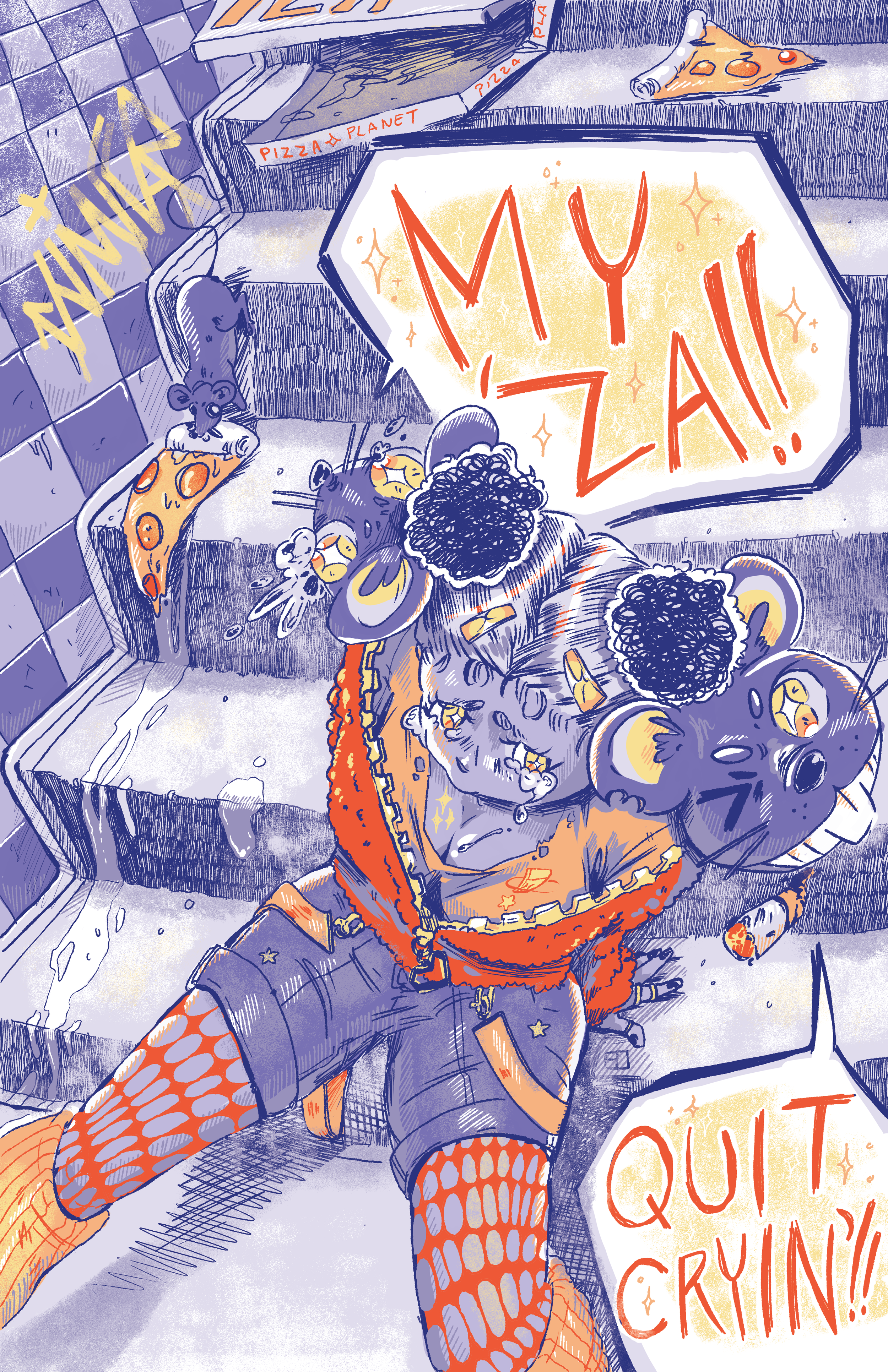 A girl with 2 mouse heads on her shoulders has speech bubbles saying "MY ZAI!!" and "QUIT CRYIN!!". The girl is sitting on the subway stairs with pizza boxes on the floor, indicating that she fell down the stairs.