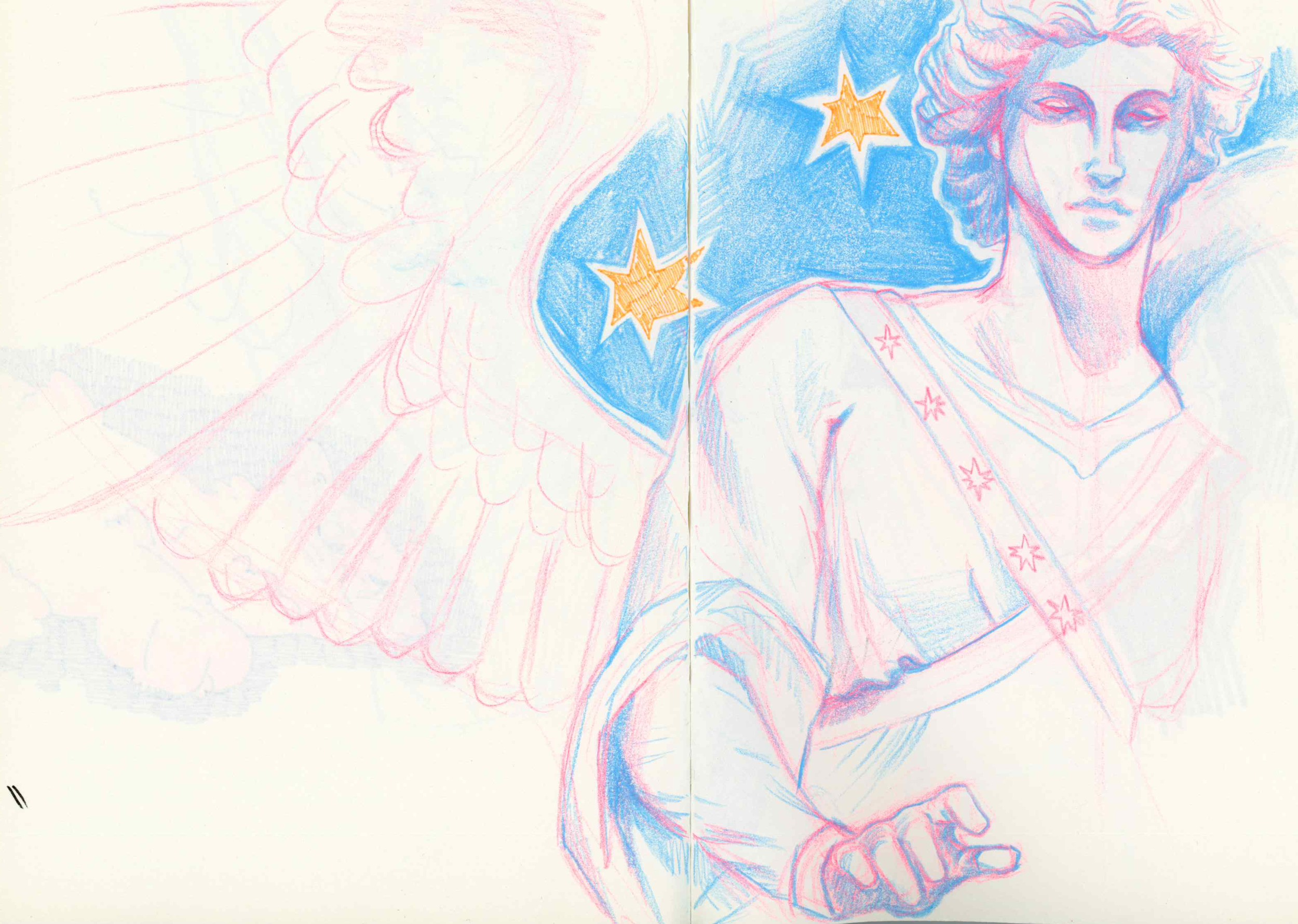 A colorful sketch of a woman with wings and stars, wearing a shirt with stars on the sleeve, with an artistic style using mainly pink, blue, and orange colors.