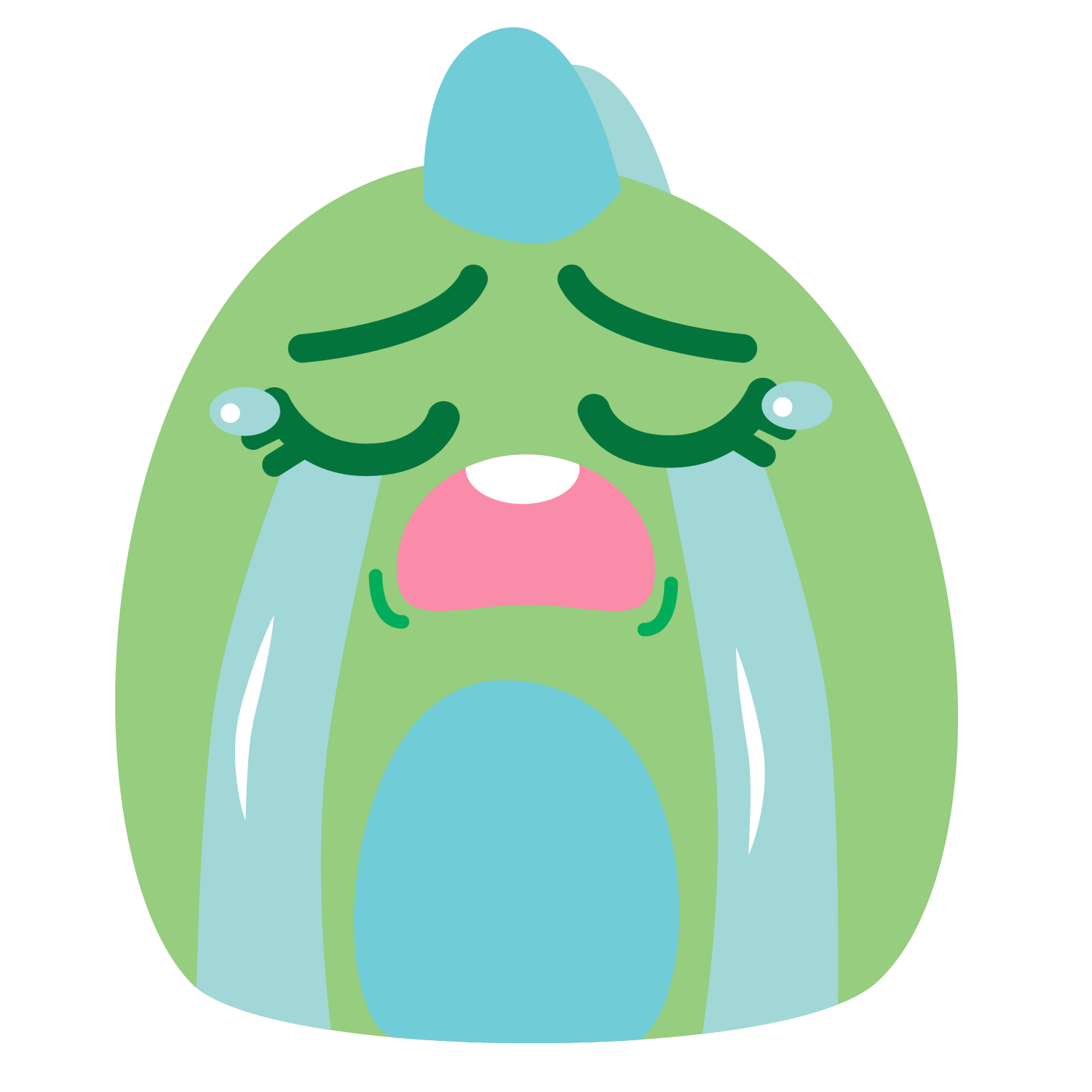 An animated cartoon character, a green dinosaur, crying with tears streaming down its face, eyes closed, mouth open.