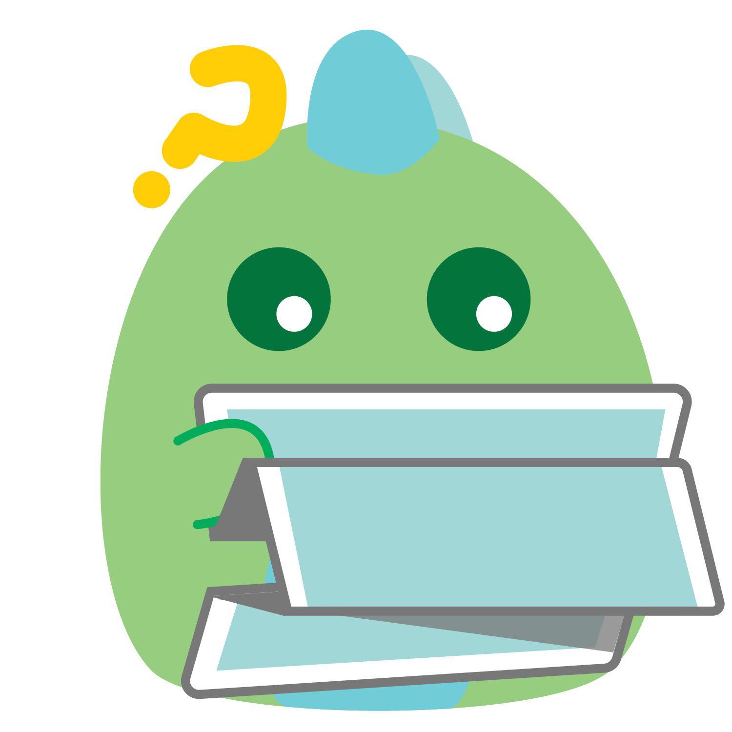 Cartoon character with a green body and two blue horns, holding and reading a laptop, with a yellow question mark above its head.