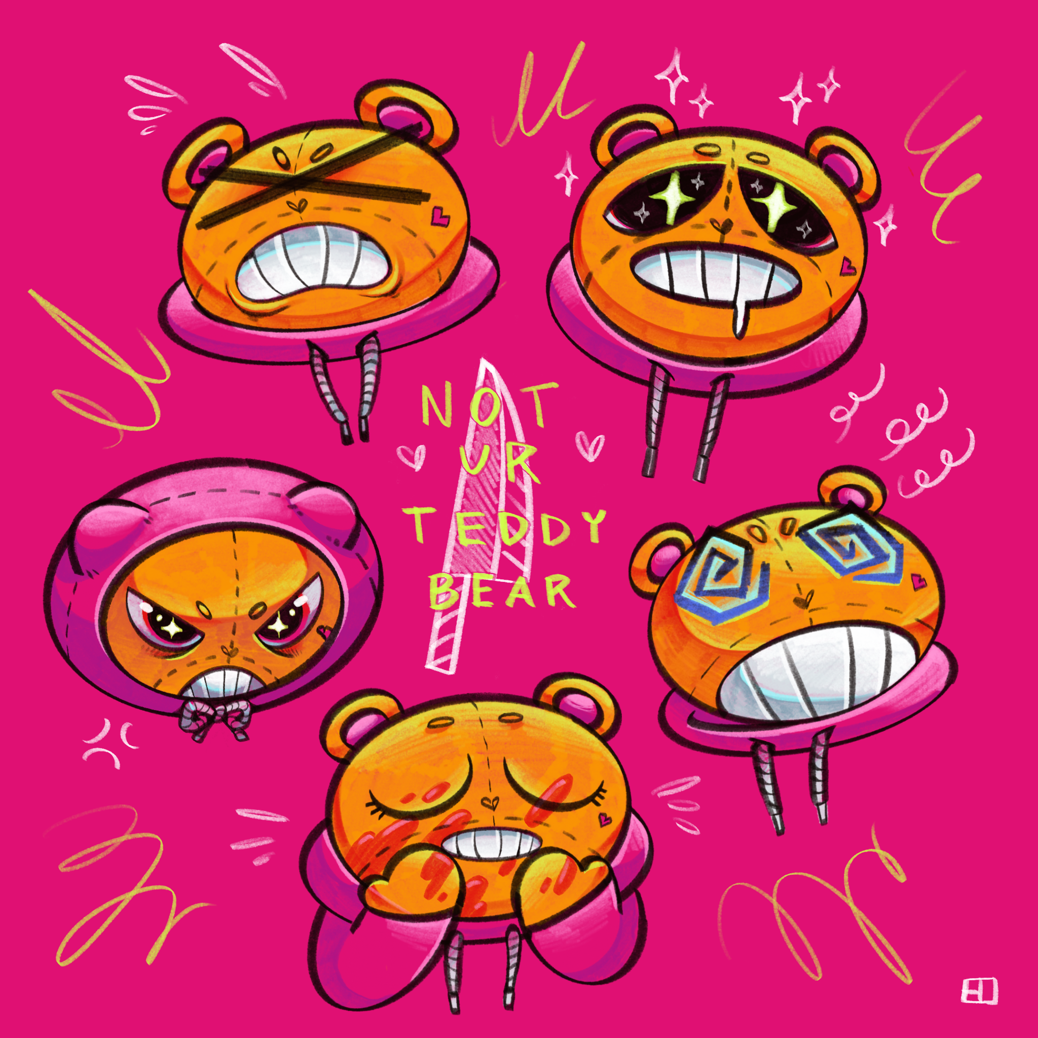 Colorful illustration of five cute teddy bear characters with different expressions against a bright pink background. In the center, the text reads 'Not your teddy bear' with playful decorative elements.