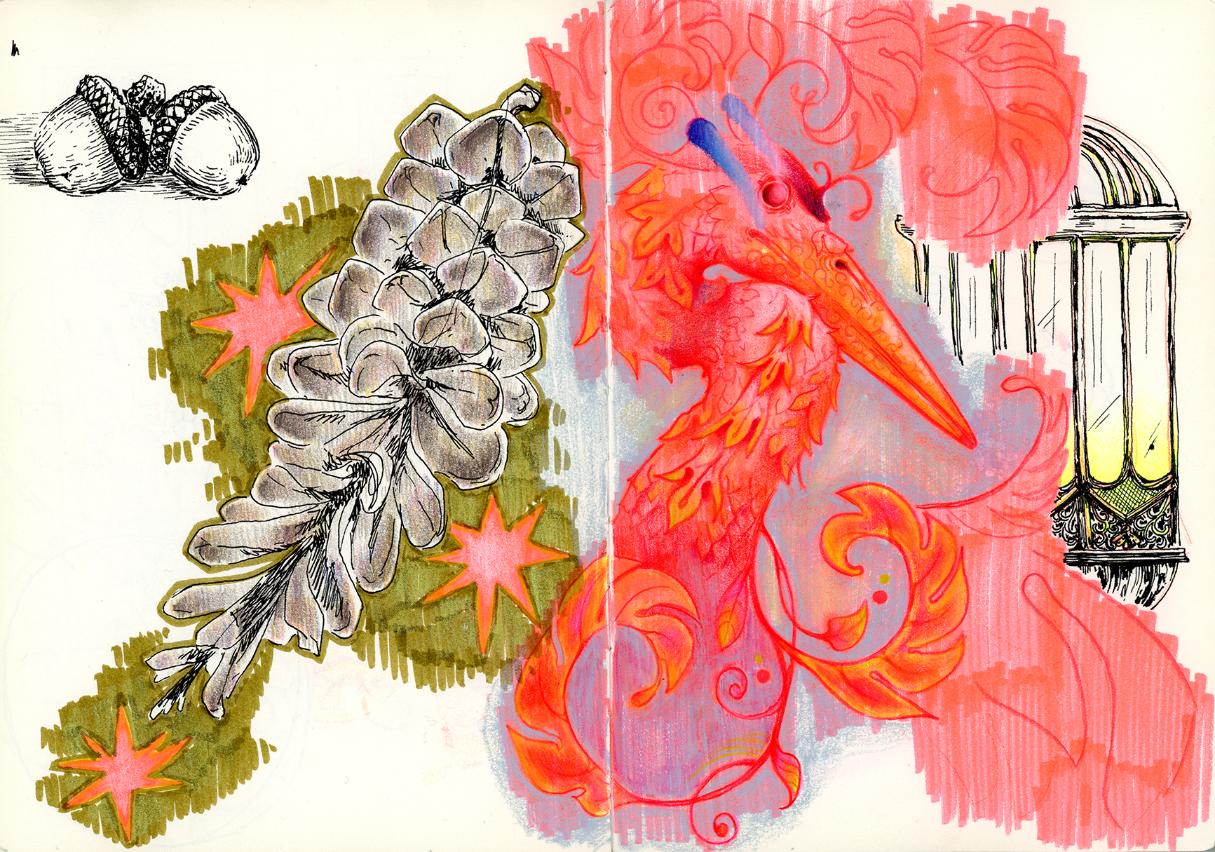 A mixed media drawing featuring a grayscale pine cone and starfish on the left, and a red and orange stylized dragon with swirling patterns on the right, with a partial sketch of a decorative lamp or lantern.
