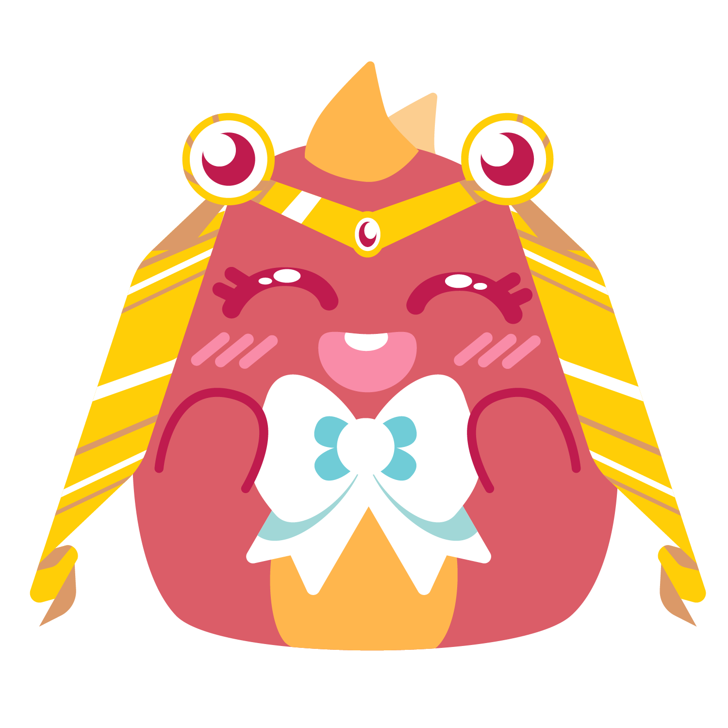 A cute, cartoon dragon with pink and yellow coloring, big smiling eyes, and a white bow on its chest.