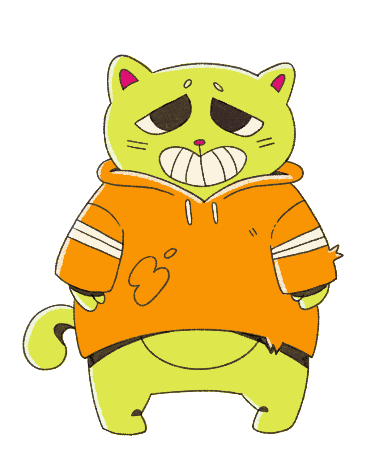 A smiling green cartoon cat wearing a dirty, oversized orange hoodie.