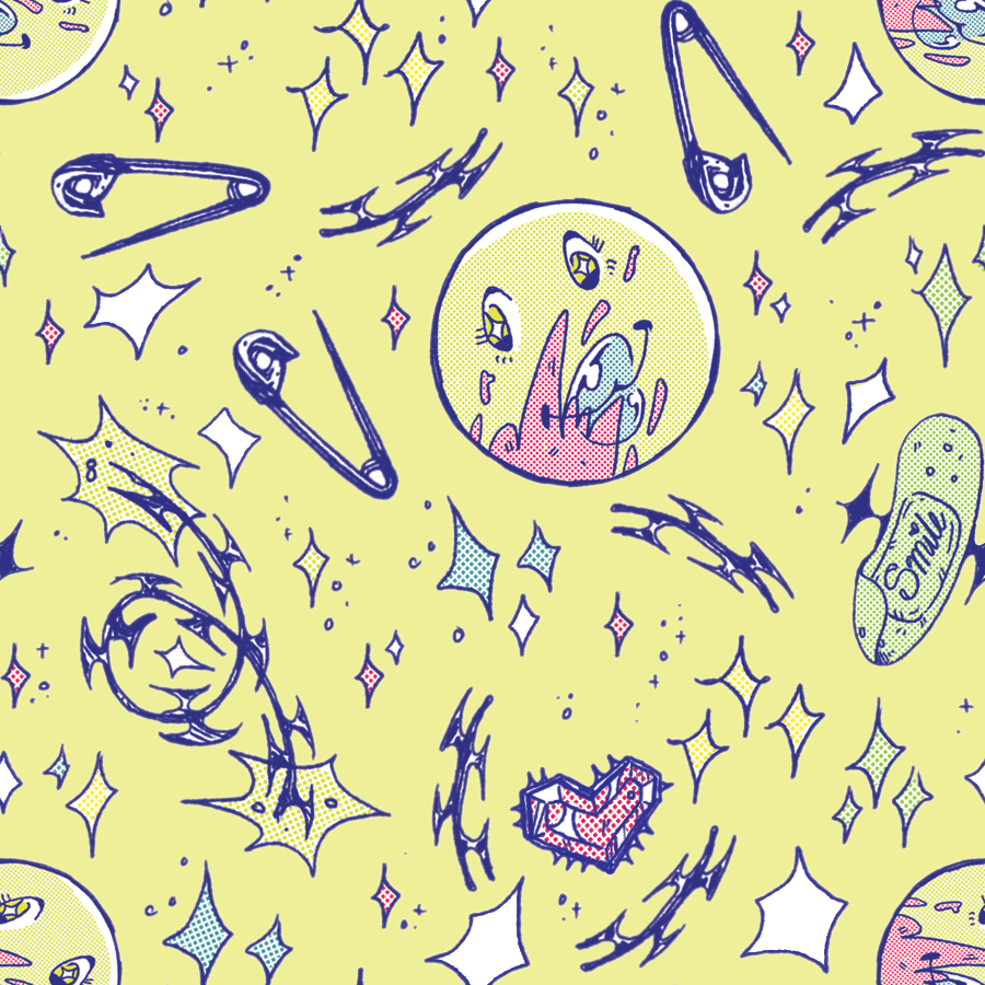 A colorful, cartoon-style illustration with smiling faces with blood splatter, safety pins, stars, sparkles, a band-aid sticker, a heart, and abstract shapes on a light yellow background.