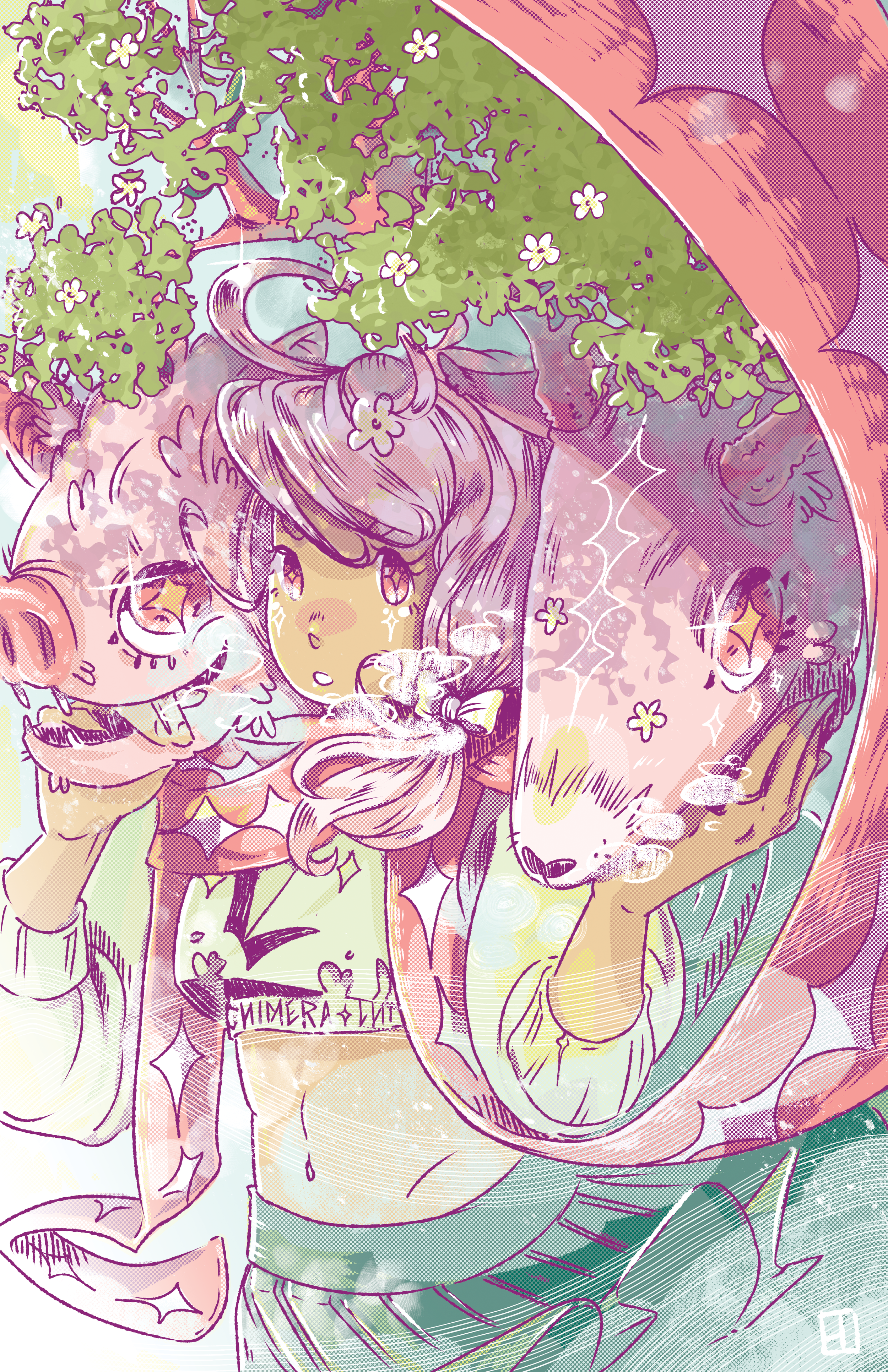Anime-style illustration of a girl with pink hair and 2 animal heads on her shoulder. One is a bat and the other a deer with tree branches and spring flowers. The atmosphere is windy and crisp, with her large scarf flowing around, framing the subject