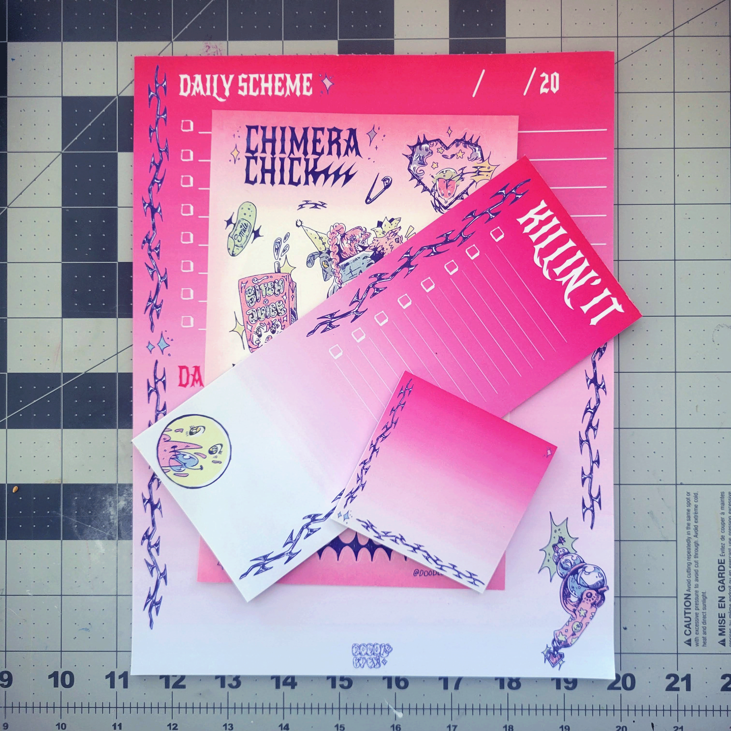 Set of planner stickers with a pink, purple, and white color scheme, featuring cartoon illustrations of a lion, a girl, a lollipop, and a moon, along with decorative borders and text that reads 'Daily Scheme,' 'Chimera Chick,' 'Bullet' and 'Morning'.