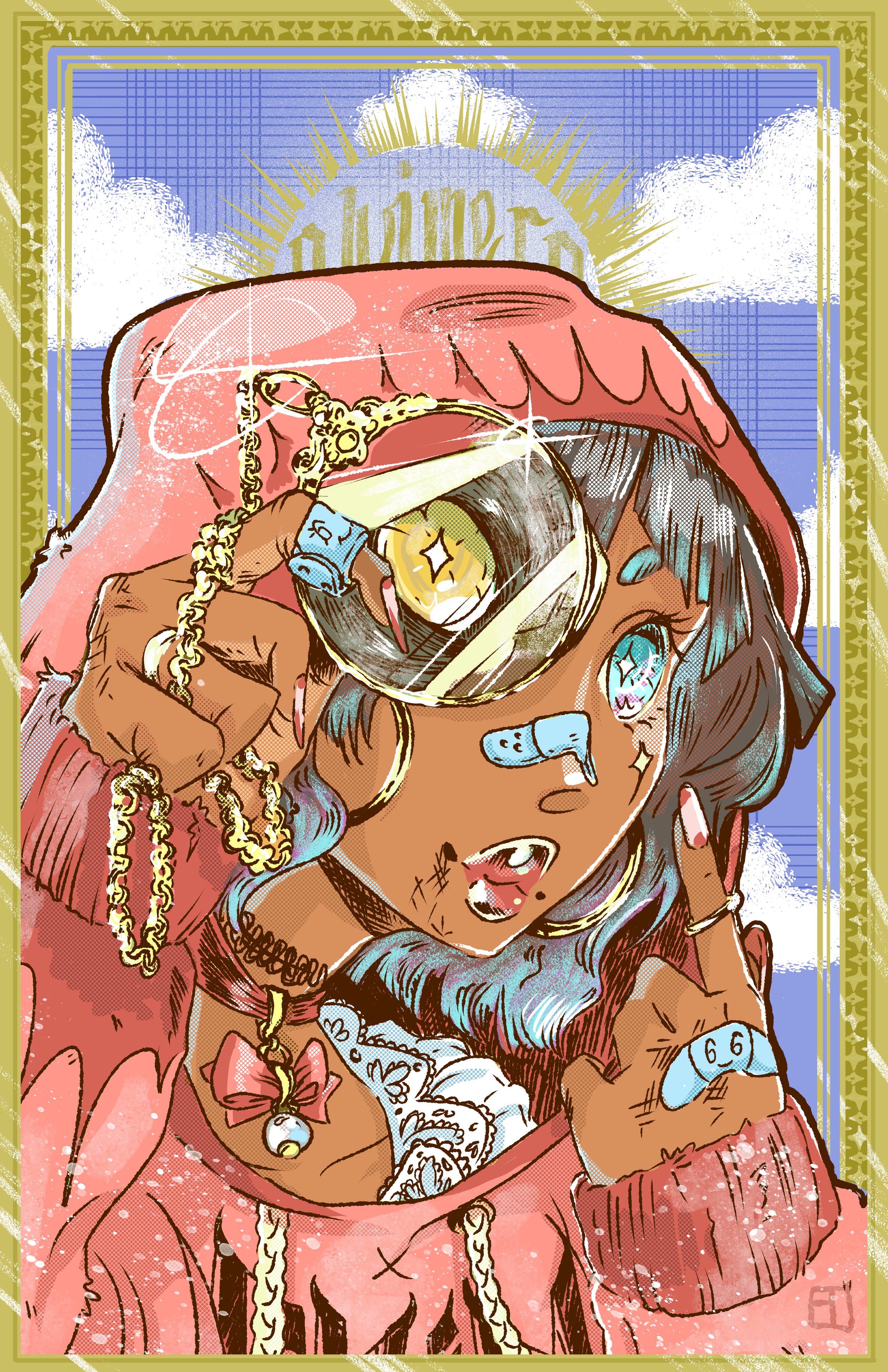 Anime-style character with multicolored hair wearing oversized glasses, gold chains, and jewelry, holding a watch with a pie chart face. The character is dressed in a pink hoodie, with a cloudy sky background and gold decorative border.
