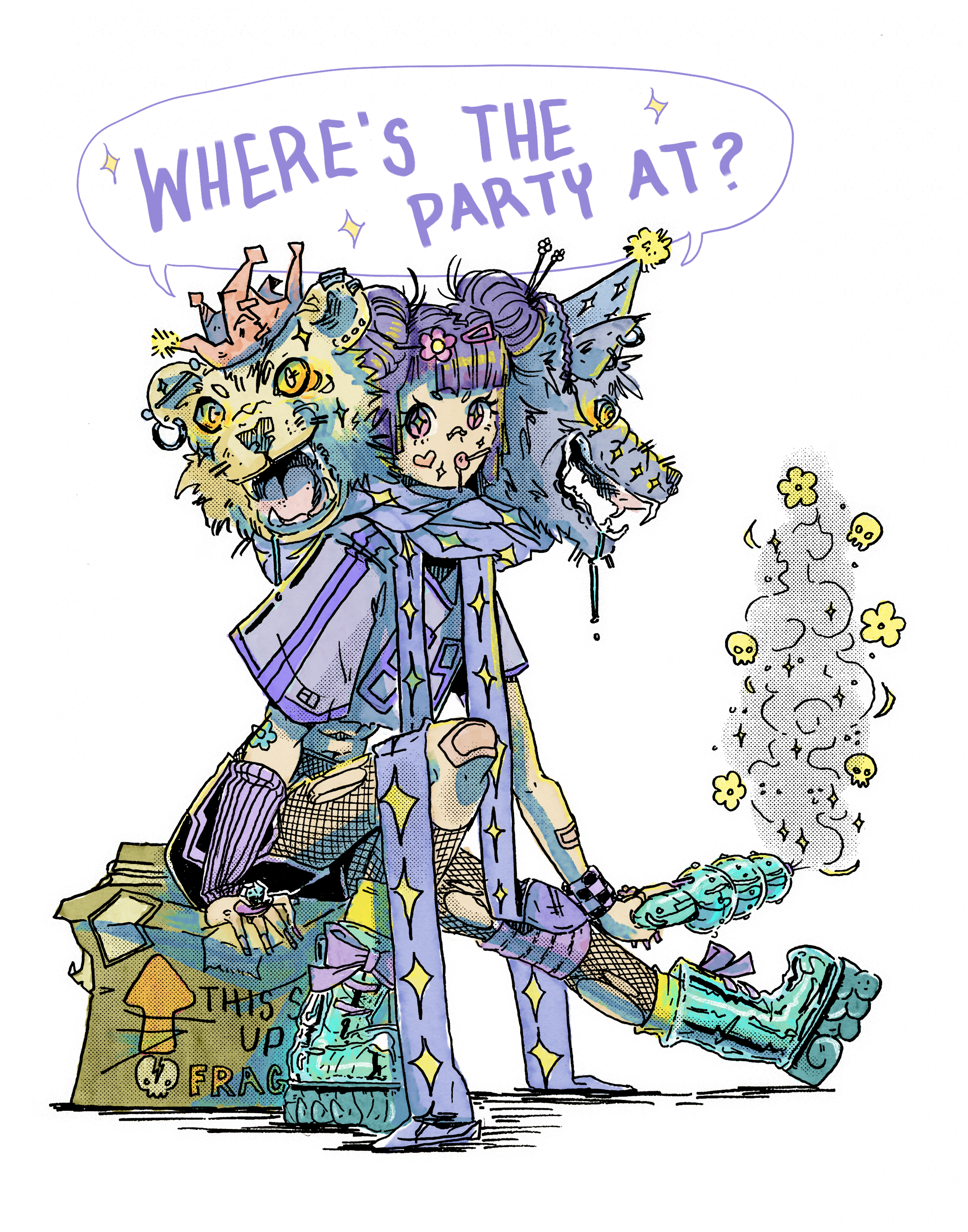 A colorful, tattooed young girl sitting on a box, with a lion's and a wolf's head on her shoulders. They are holding a water gun, and a speech bubble above their heads reads 'WHERE'S THE PARTY AT?'.