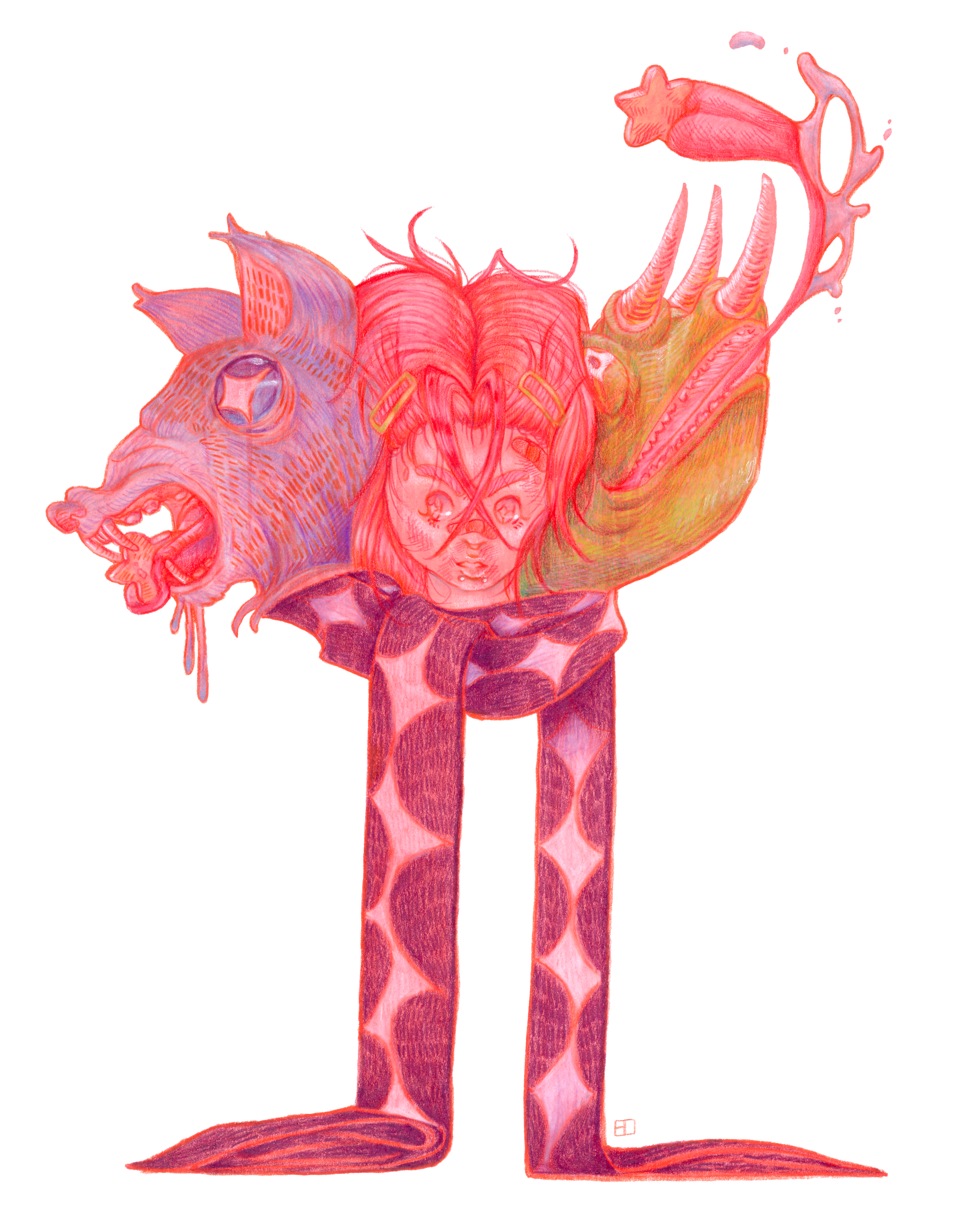 An illustration of a girl's head with a wolf's head and a chameleon's head on her shoulders. The neck is surrounded by a long scarf that is dragging on the ground. There is no body to the girl bellow the scarf