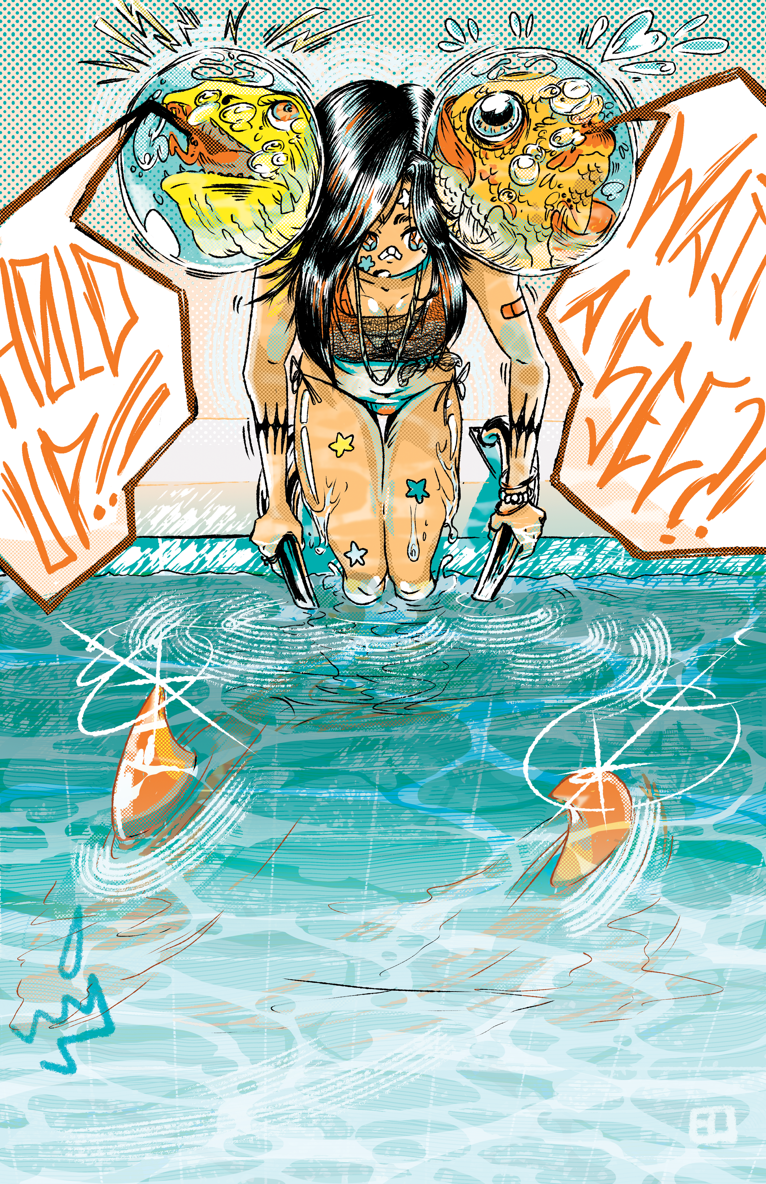 A girl with tattoos and dark hair wading in a pool filled with sharks, with 2 fish heads on her shoulder and dialogue bubbles from the heads saying "Hold up" and "wait a sec" around her; comic-style art with vibrant colors.