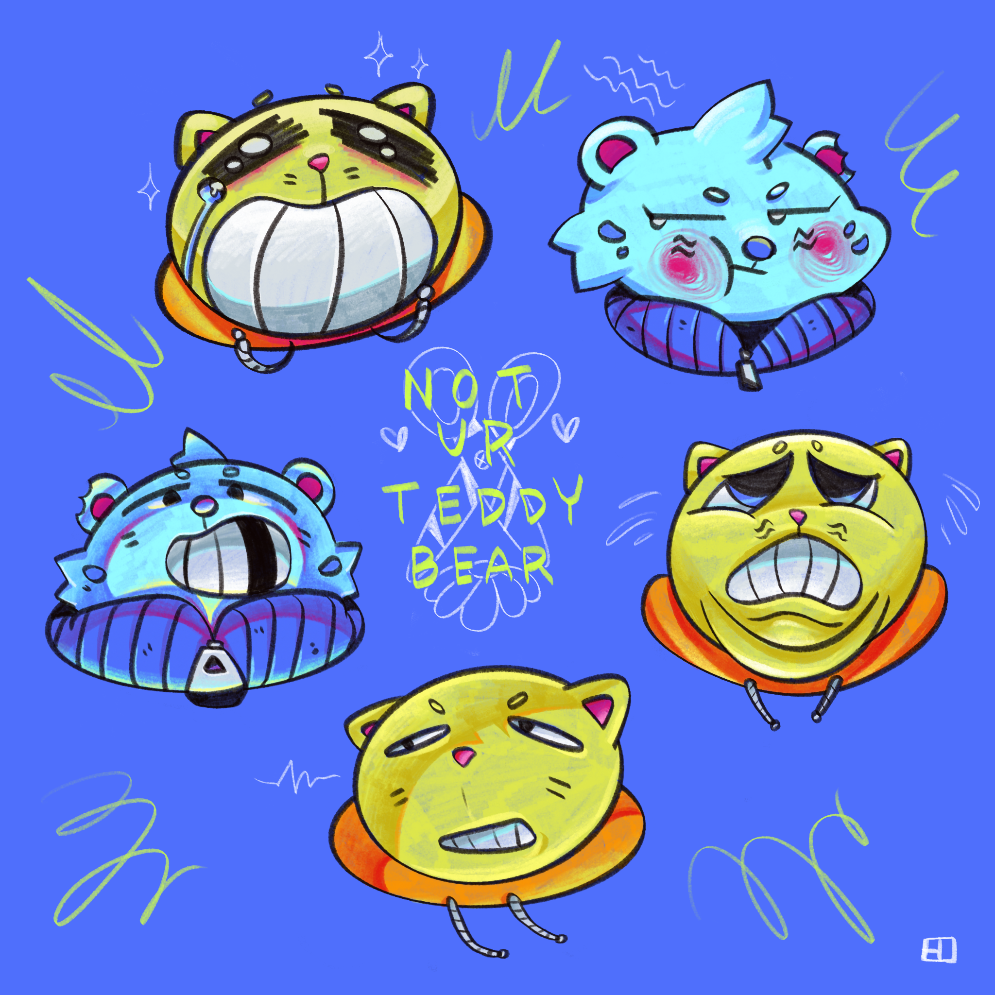Colorful illustration of five cartoon-style animal faces with various emotional expressions against a blue background. In the center, there is text that reads 'Not Your Teddy Bear' surrounded by decorative squiggles.