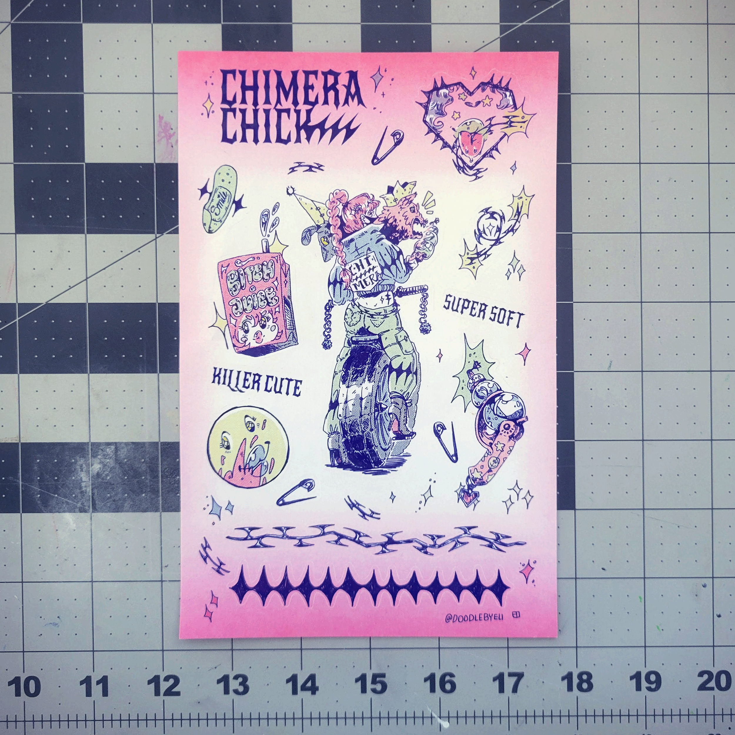 Sticker sheet featuring cartoon-style drawings of a character riding a bike, surrounded by various doodles and text. The sheet includes phrases like "Killer Cute" and "Super Soft".