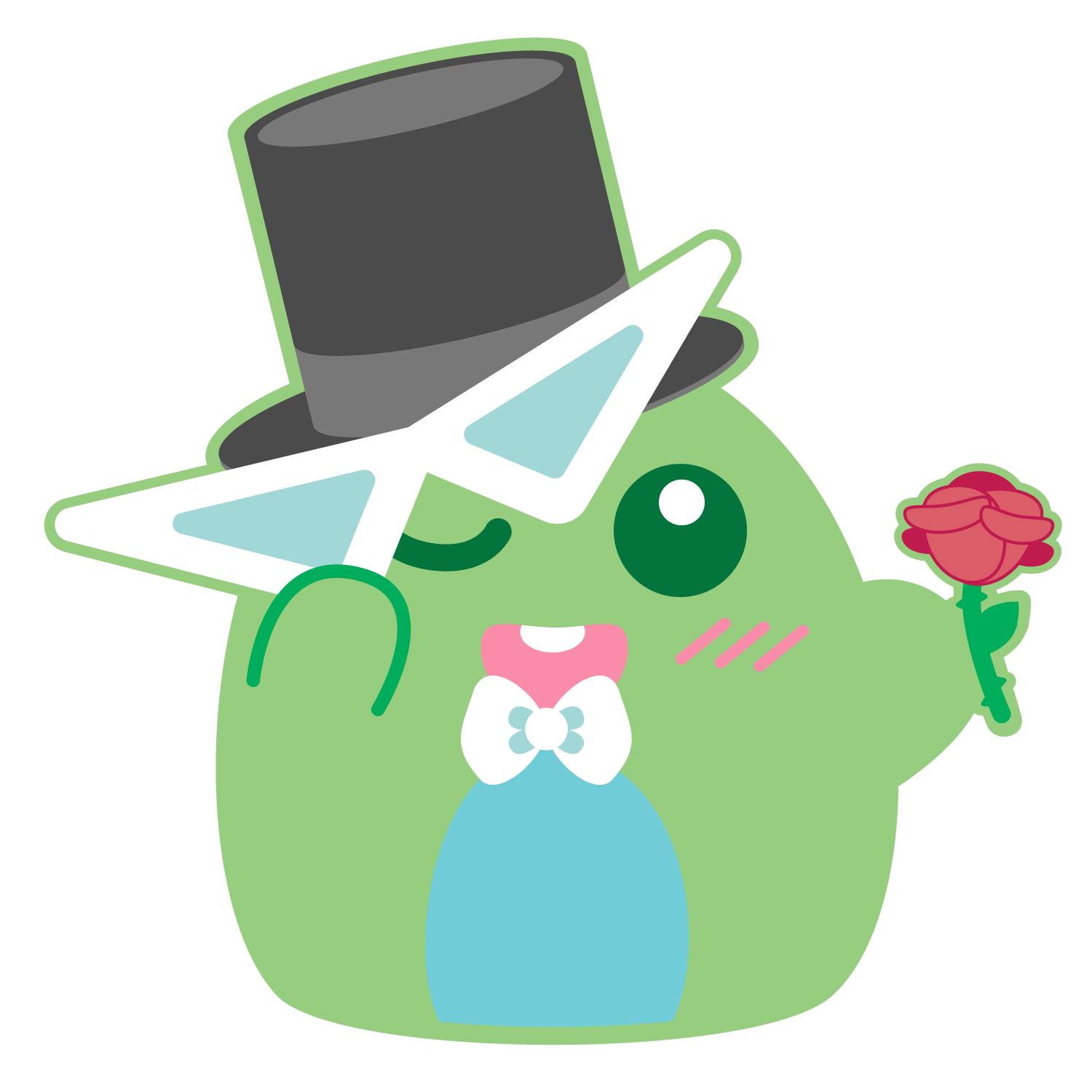 Cute green cartoon character with a blue dress, white bowtie, holding a pink rose, wearing white sunglasses, and a black top hat, winking and blushing.