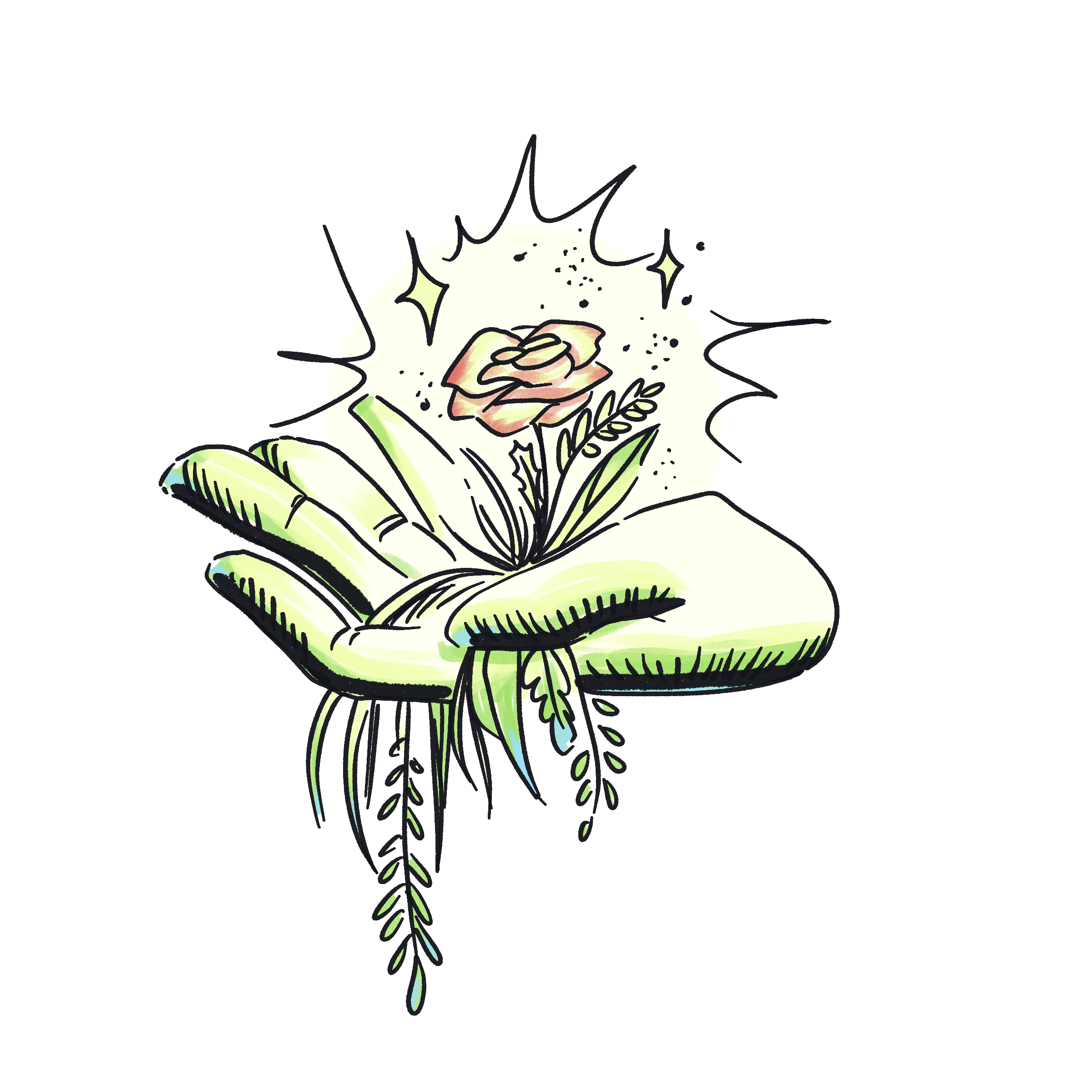 A drawing of a hand holding a rose and green foliage, with sparkles around the bloom