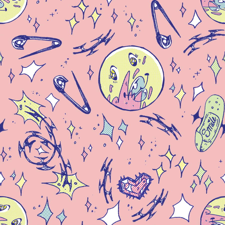 A colorful, cartoon-style illustration with smiling faces with blood splatter, safety pins, stars, sparkles, a band-aid sticker, a heart, and abstract shapes on a light pink background.