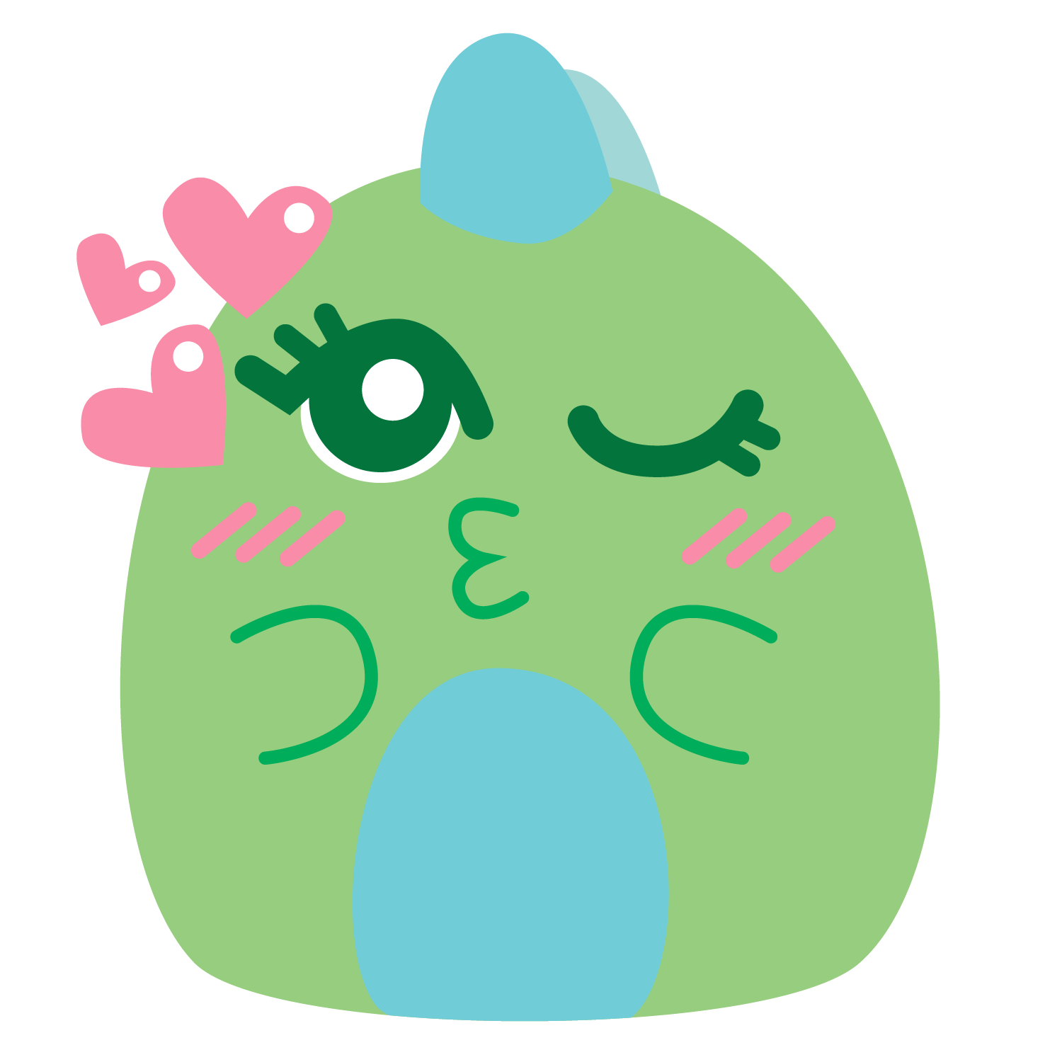 Cute cartoon green creature with blue ears, big eye with long eyelashes, and blushing cheeks, winking and surrounded by pink hearts.