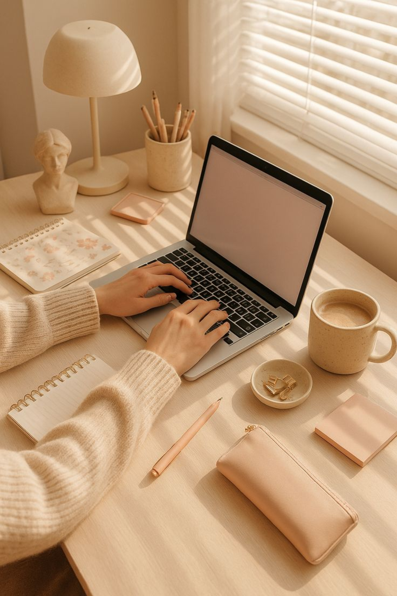 A workspace with a person typing on a laptop on a wooden desk. The desk has a cup of coffee, a notebook, a pink pouch, a spiral notebook, a pen, and small clips. There is a table lamp, a bust sculpture, a container with pencils, and a closed notebook or planner. Sunlight filters through blinds, casting shadows.