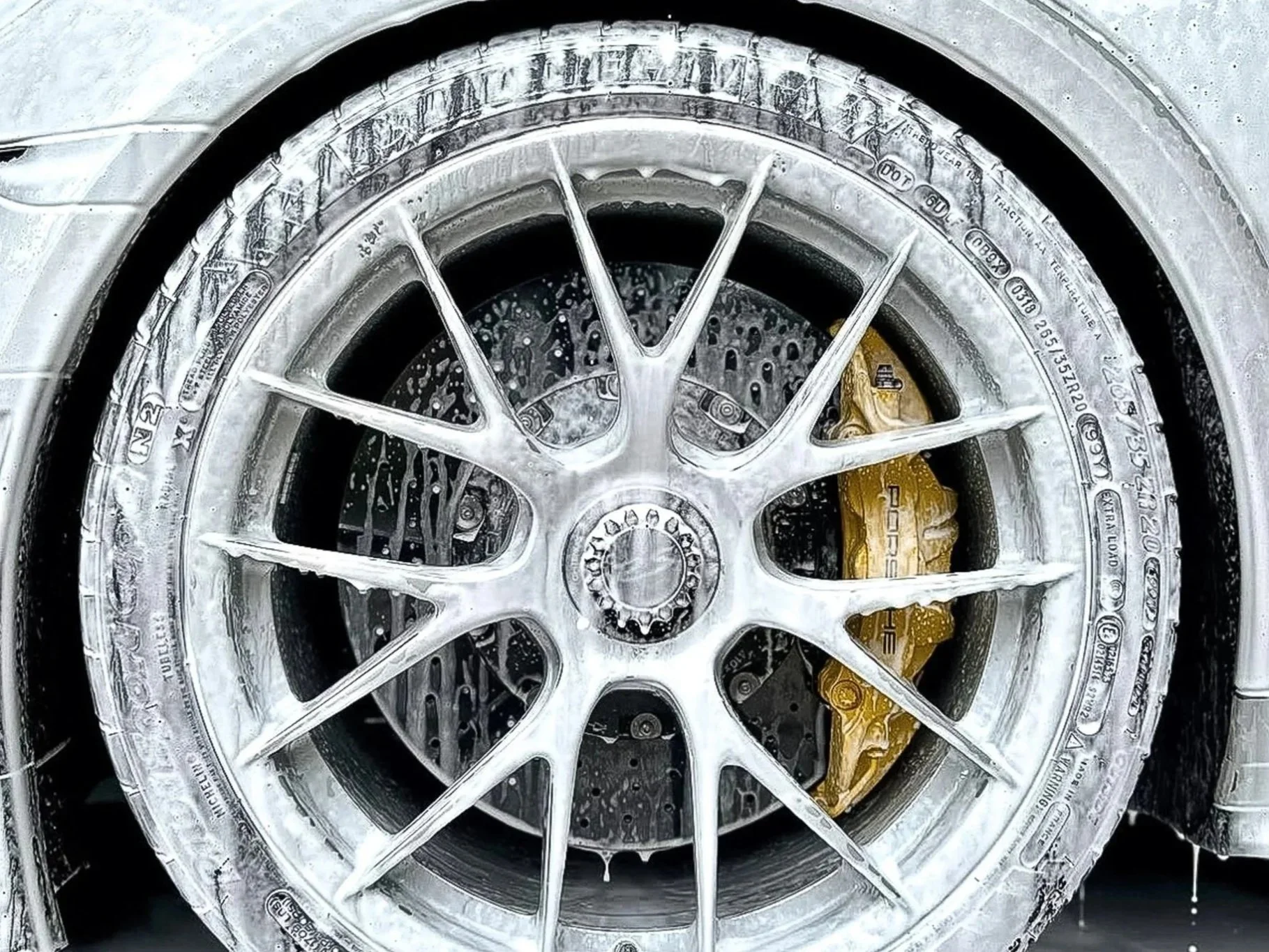 Close-up of a car wheel with soap suds, showing a gold brake caliper and detailed rim.