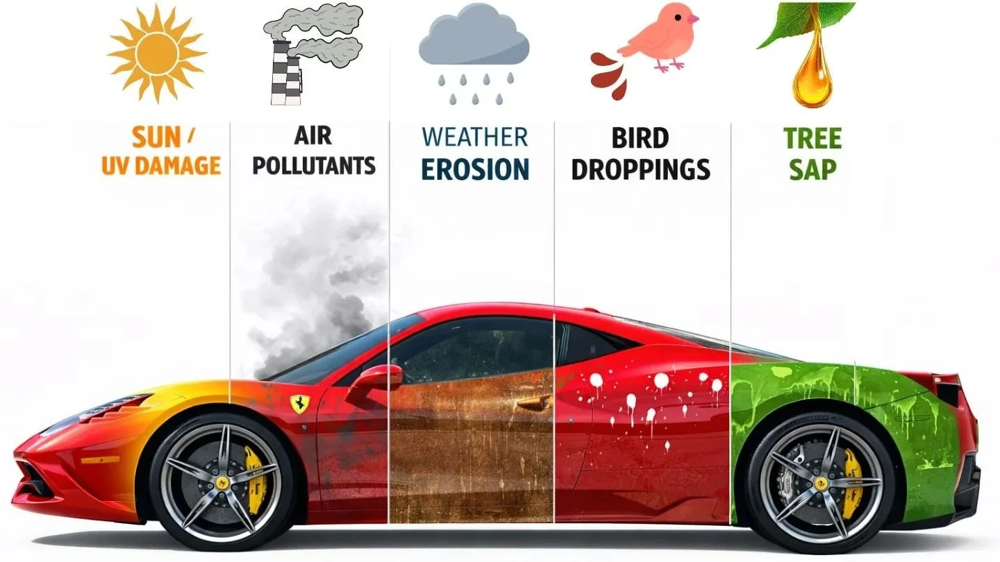 Infographic of a red sports car divided into five sections showing causes of environmental damage: sun and UV damage, air pollutants causing weather erosion, weather effects, bird droppings, and tree sap.